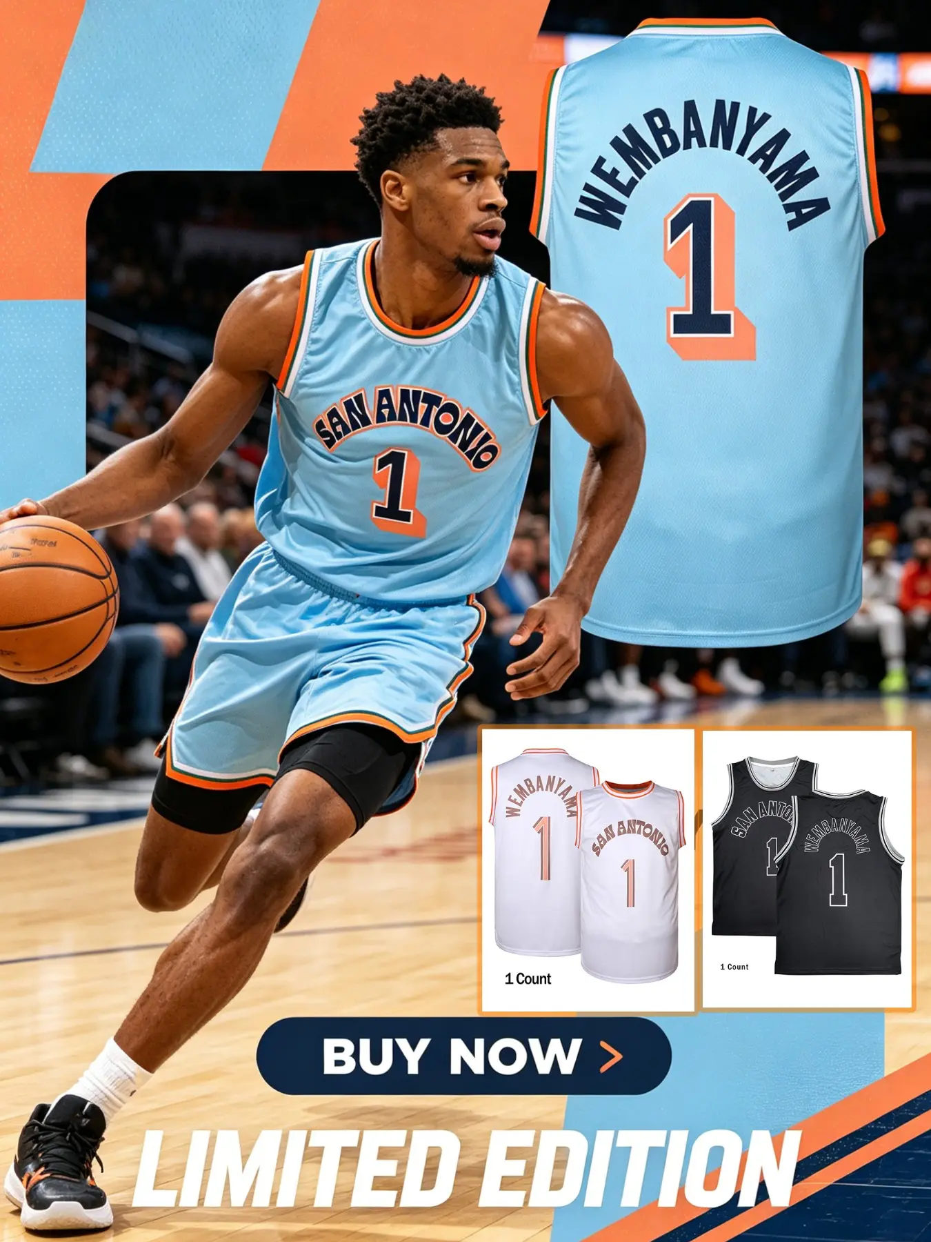 Men's #1 Wembanyama Basketball Jersey, Sports Style Jersey, Apparel Jersey, Blue, Multi-Color Options, Lightweight Breathable High-Quality Sports Wear, Casual Sports Top