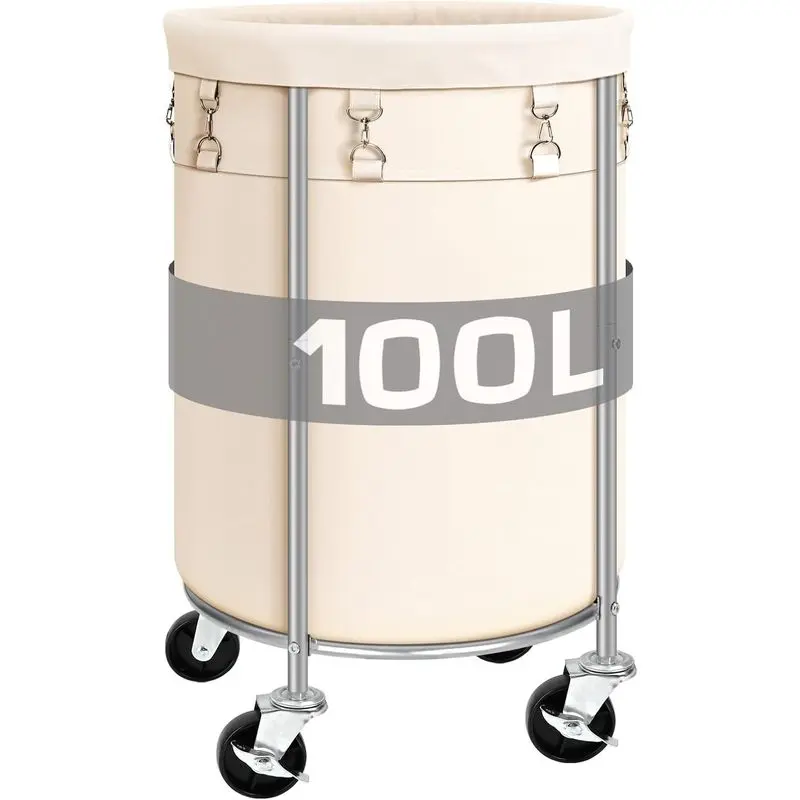 100L Laundry Hamper with Wheels, Round Rolling Laundry Basket withRemovable Bag and Steel Frame, Large Clothes Organizer Cart for BedroomBathroom Dorm Laundry Room, Beige