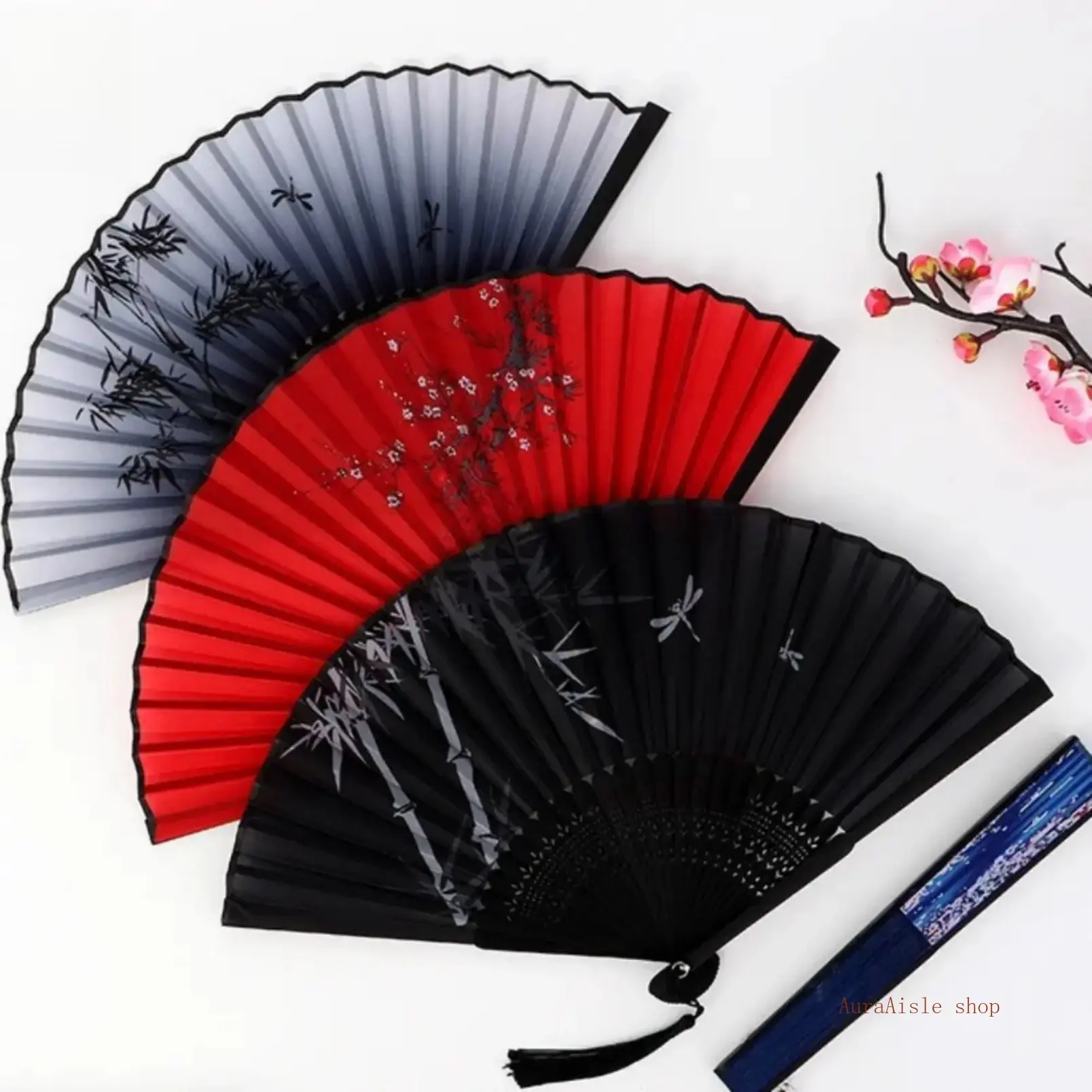 Traditional Chinese Bamboo-Silk Folding Hand Fan with Tassel, Floral Pattern Retro Home Decor Prop, Portable Lightweight Art Ornament Souvenir, Exquisite Gift for Festival Gifting