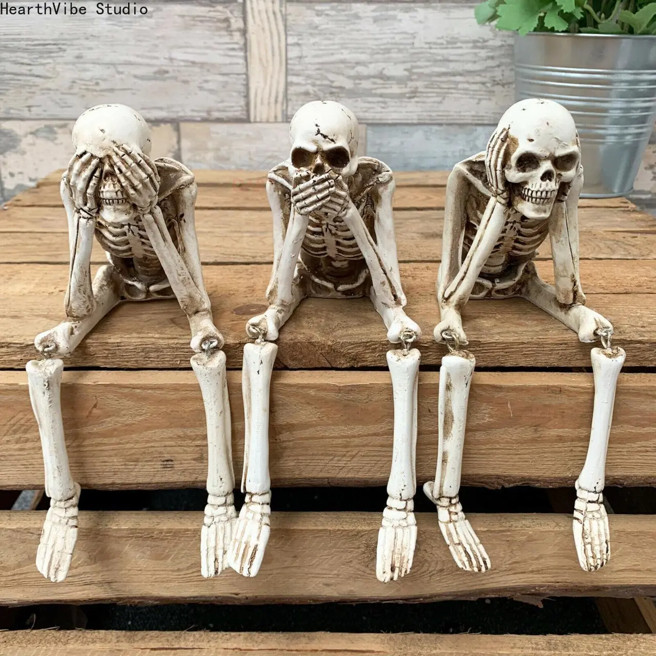 Three Wise Skeleton Statue with Hanging Legs, See Hear Speak No Evil Gothic Shelf Sitter Decor, Spooky Resin Figurine Funny Halloween Desk Ornament, Creepy Unique Home Room Decoration Accessories Gift