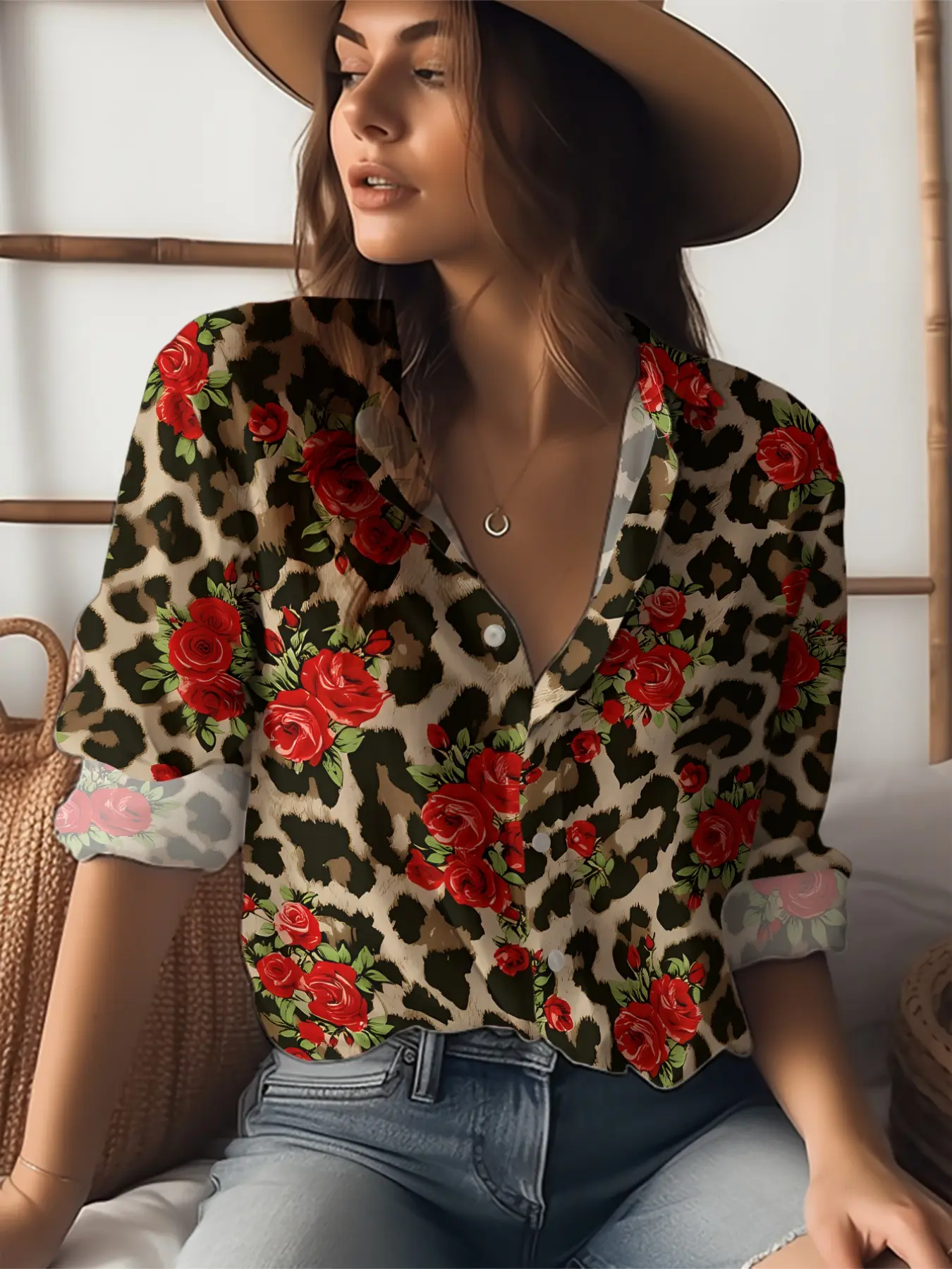 2026 New Women's Vintage Leopard Print Rose Patchwork Blouse, American Style Bold Color Floral Collar Loose Fit Long Sleeve Shirt
