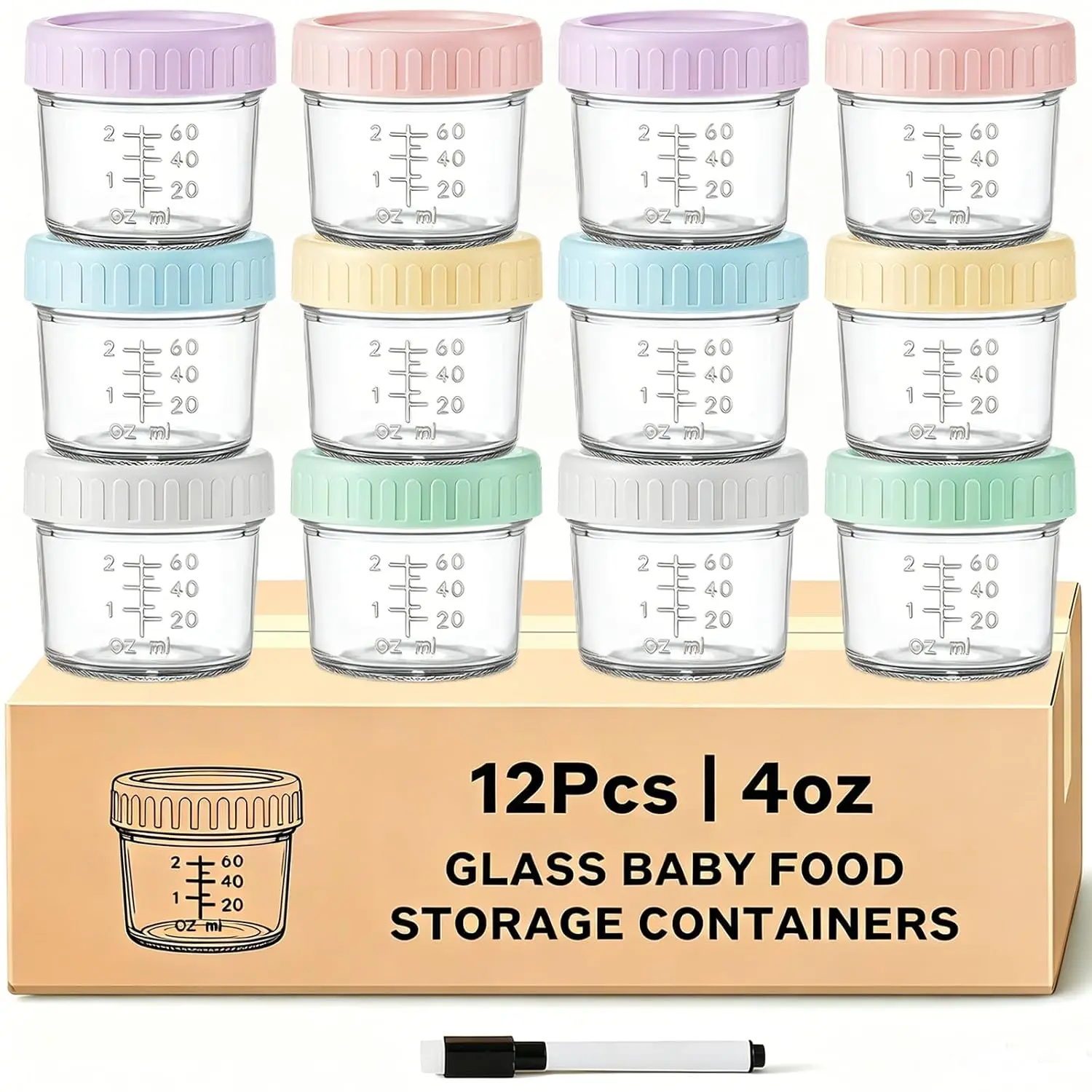 12-Pack 4 oz Glass Baby Food Storage Jars with Airtight BPA-Free Lids, Reusable Containers for Homemade Purees, Snacks, Freezer Storage and Meal Prep