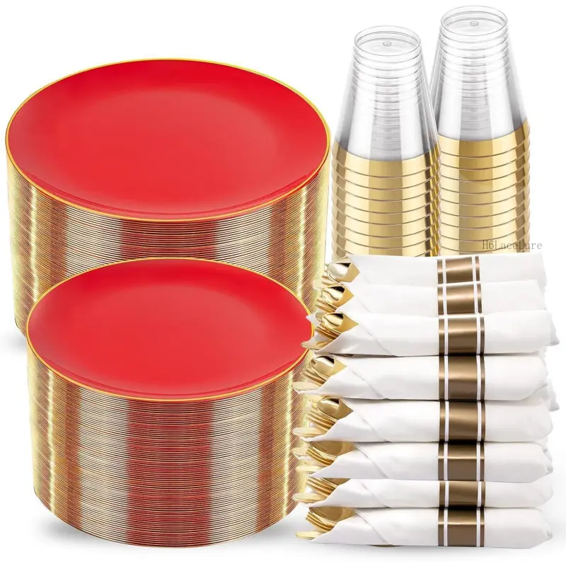 350PCS Red Plastic Plates - Heavy Duty Red Plates Disposable - 50Guest Christmas Dinnerware Include 50Dinner Plate,50Dessert Plate,50Pre Rolled Napkins with Silverware for Christmas&PartyH6LaceLure