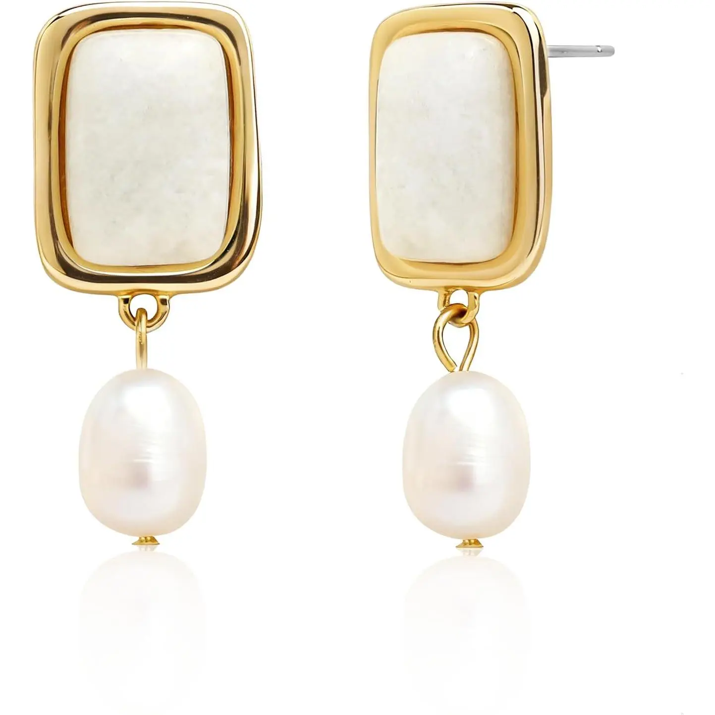 Baby Girls' Chunky Statement Square Natural Stone Dangle Drop Earrings - Gold Gemstone, Healing Accent, Prom Wedding Fashion Jewelry Gift, Natural Stones, Square Shape, Statement Look