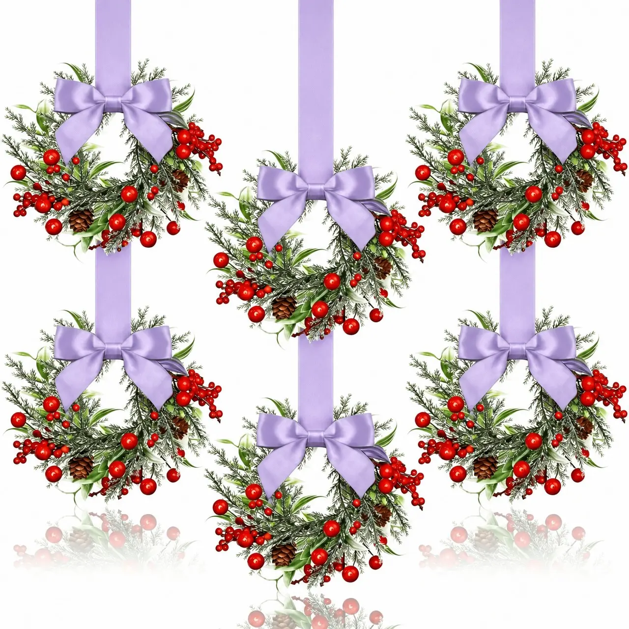 6-Piece Christmas Mini Wreaths Set, Ribbon Bow and Berries, Small Cabinet Hanging Decor, Farmhouse Kitchen Door Ornament, Perfect for Holiday Parties