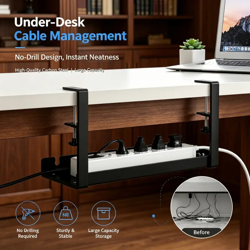 No Installation Drill Clamp Under Desk Wire Management Rack Carbon Steel Sturdy Power Strip Storage Tray