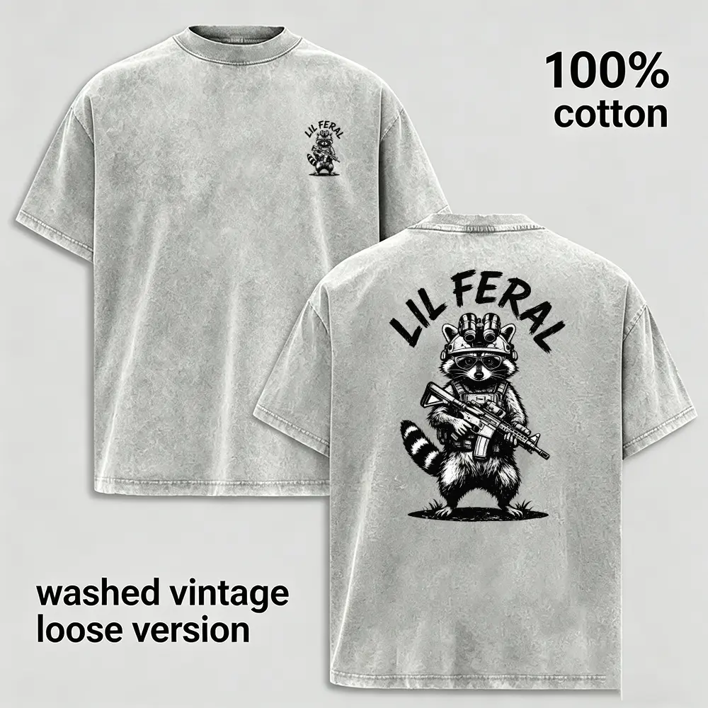 Premium 100% Cotton Washed Vintage Light Grey Tee Lil Feral Tactical Raccoon Graphic Front Chest Mini Print Back Big Image Loose Oversized Daily Wear