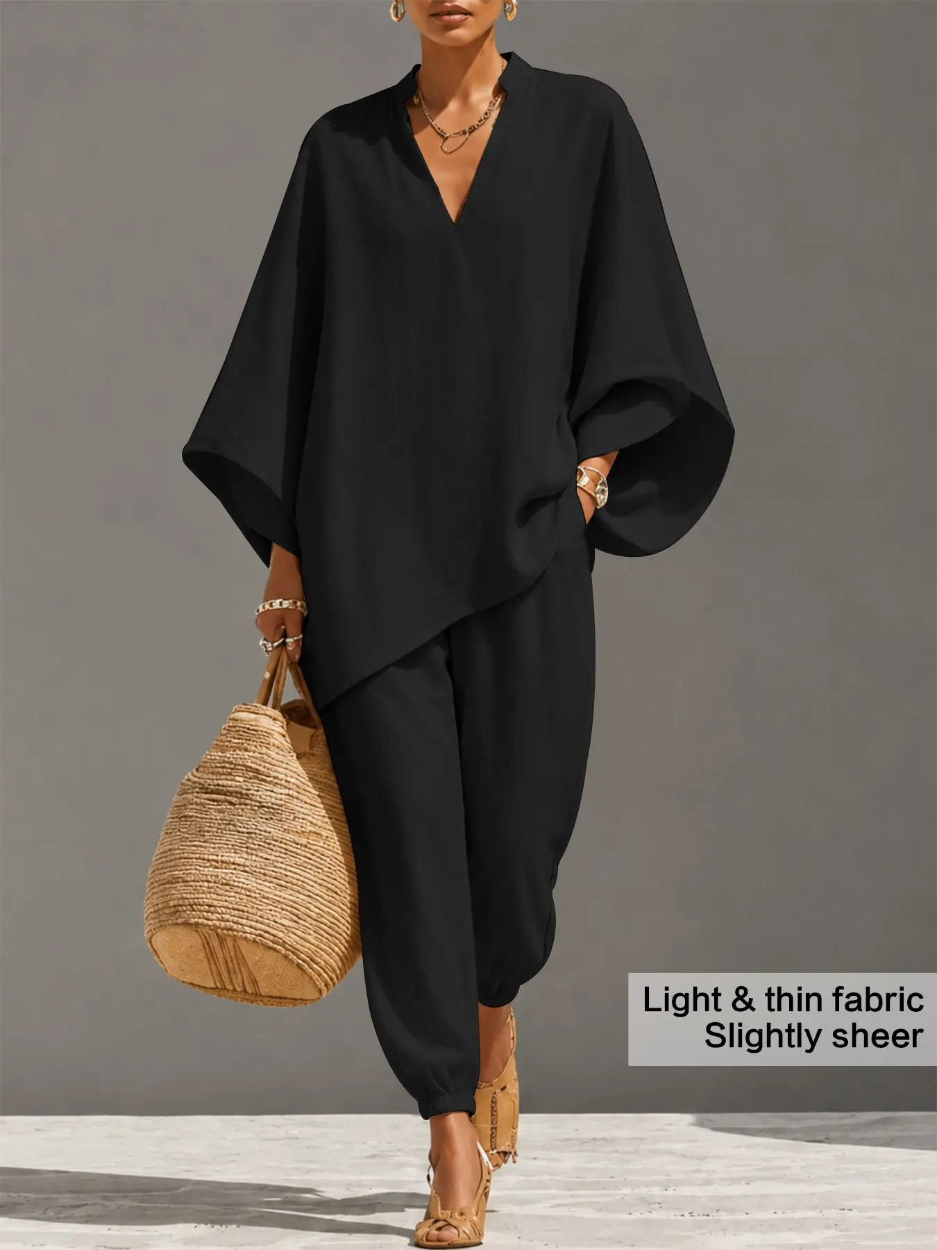 Women 2 Piece Set, Stand Collar Half Zip Tunic Top, Batwing Sleeve Jogger Pants, Lightweight Breathable Fabric, Side Pockets