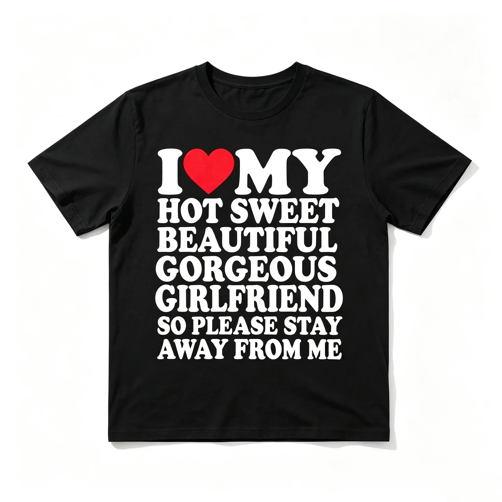 Unisex Casual Sports Short Sleeve Streetwear Top - Round Neck Basic Print, "I Love My Hot Sweet Girlfriend" Red Heart Graphic, Funny Couple Slogan, Bubble Letter, Minimalist, Oversized, Simple Hem Design, Shortsleeve