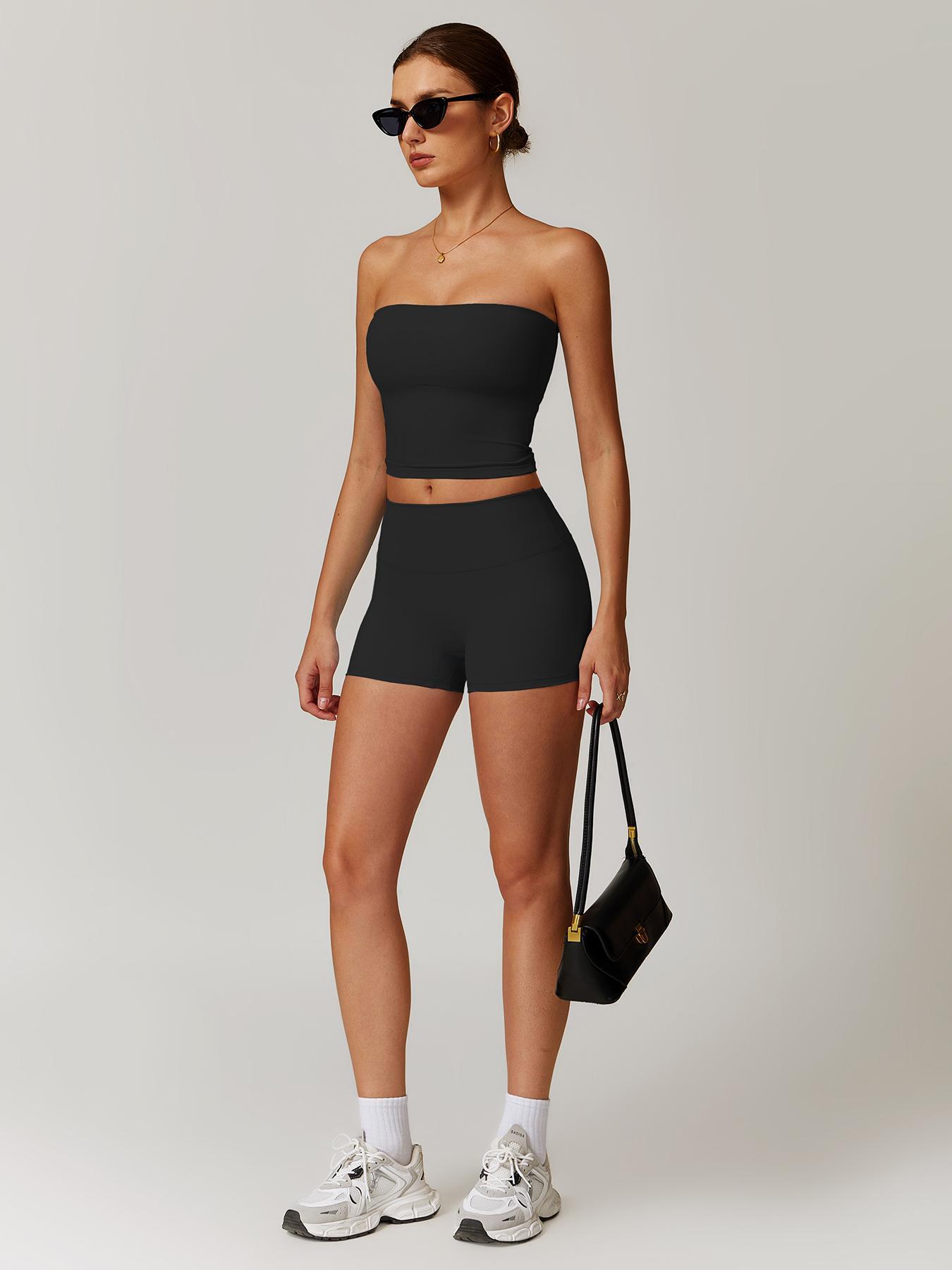 Women's Solid Color Crop Tube Top & Shorts Sportswear Set, Casual Comfy Breathable Two-piece Outfits for Yoga Gym Workout Running, Ladies Sportswear for All Seasons, Workout Running Clothes