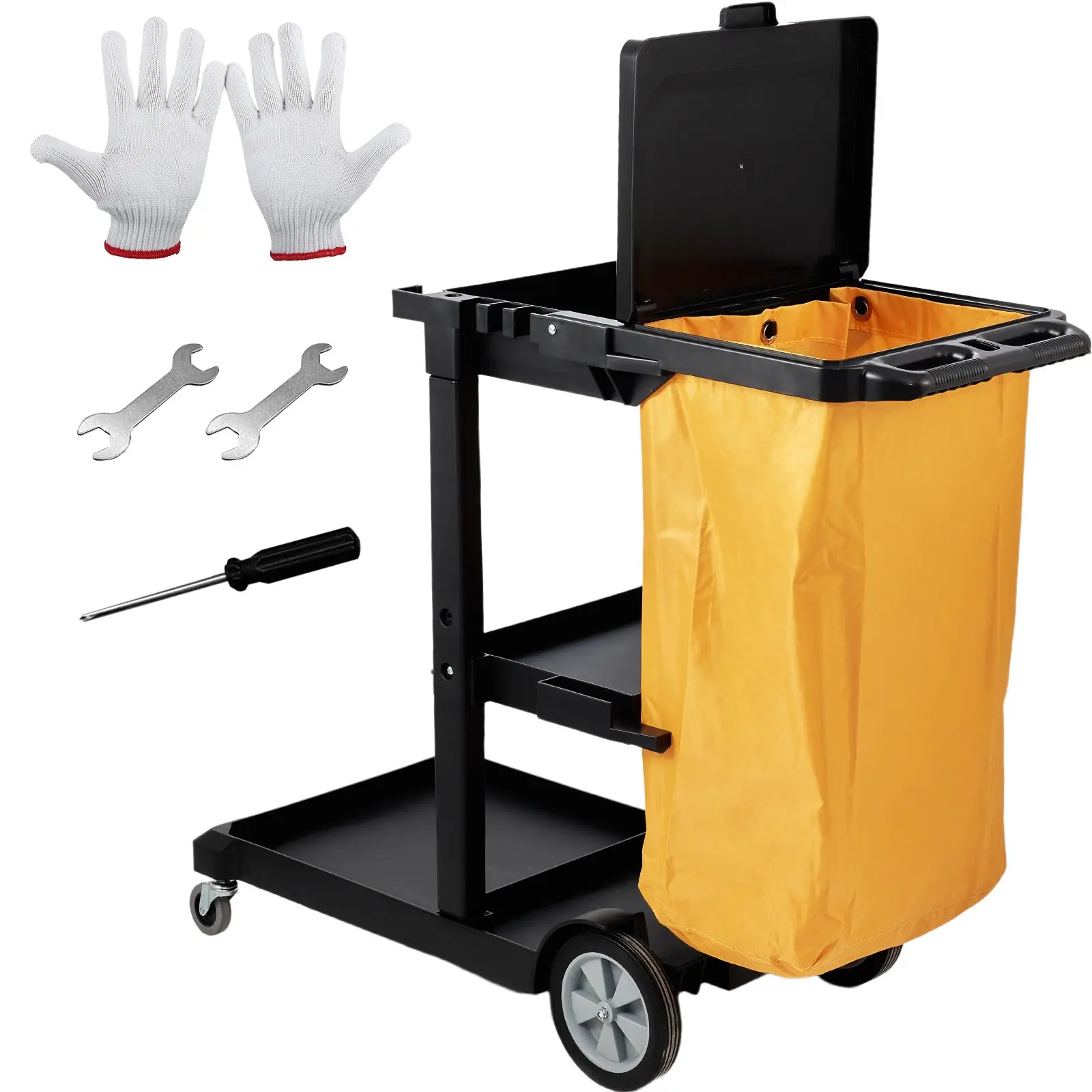 VEVOR Cleaning Cart, 3-Shelf Commercial Janitorial Cart, 200 lbs Capacity Plastic Housekeeping Cart, with 25 Gallon PVC Bag and Cover, 47x 20x 38.6in, YellowBlack