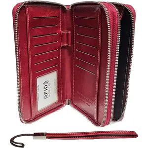 Women's PU Vegan Leather RFID Long Wallet with ID, Zip-Up Wallet Purse Organizer, Zip-Around Closure, Wristlet Strap, Large Capacity, Card Slots, Coin Pocket & Pen Holder (Wine Red)