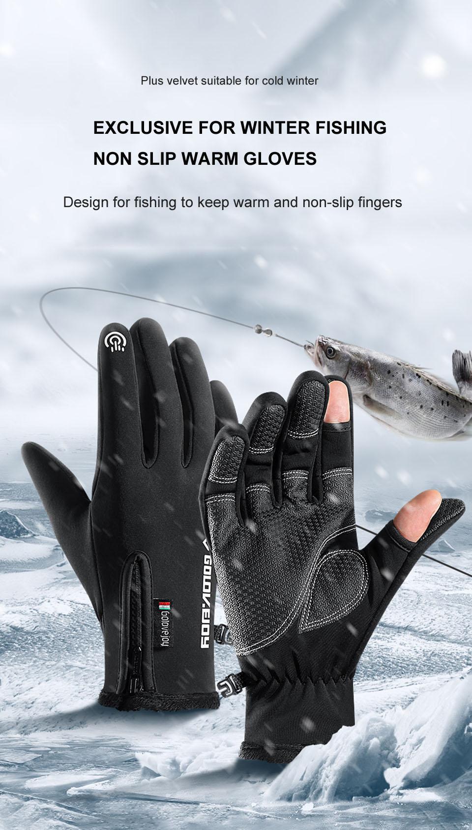 GTUBIKE Waterproof Winter Fishing Gloves 2 Finger Flip Windproof Women Men Gloves Velvet Warm Protection Fish Angling Gloves