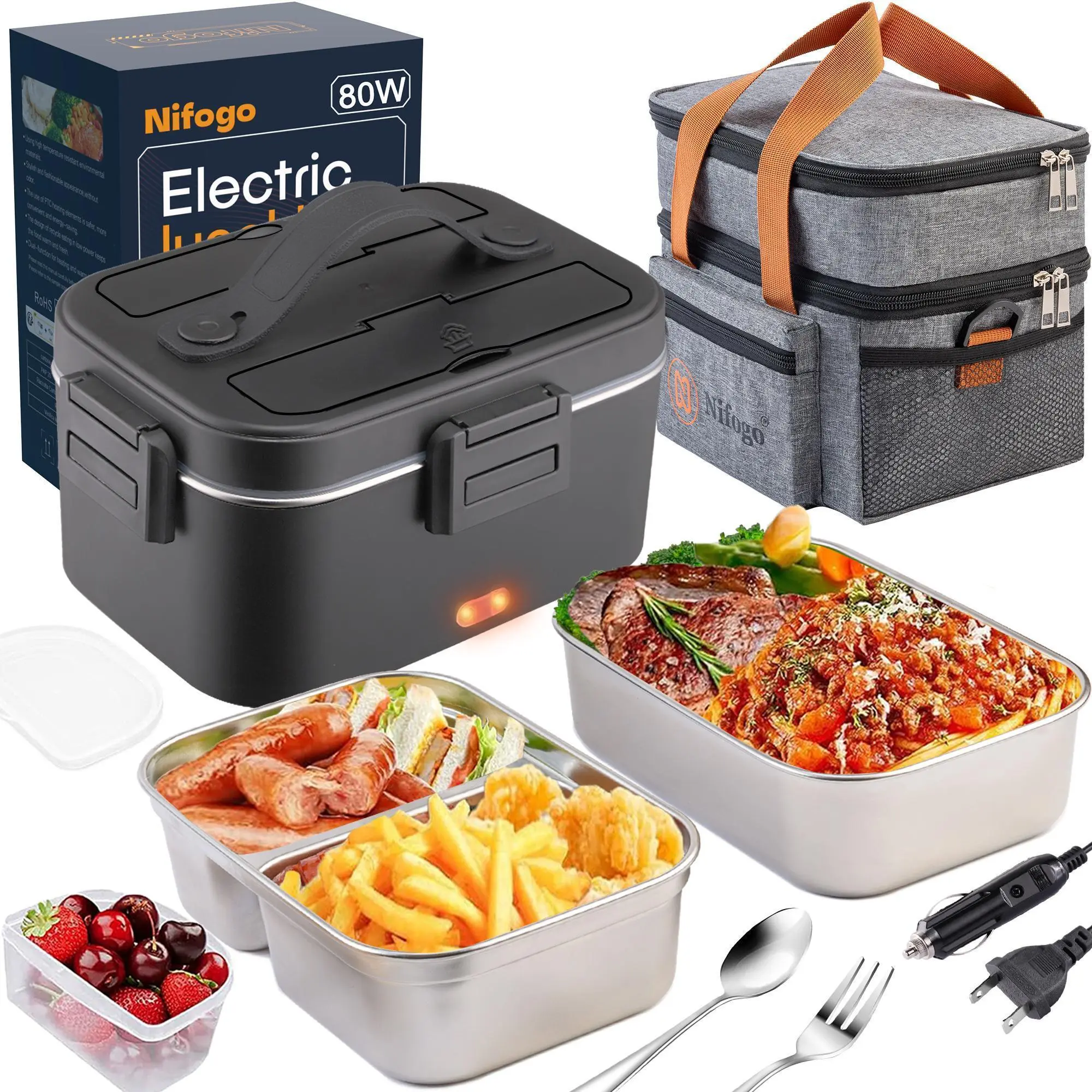 Nifogo Durable Heated Lunch Box, 1.8L (1000-2000 ml) 304 Stainless Steel Portable Food Heater for Adults, 110V/12V/24V, Includes Fork, Spoon & Bag, Non-Rechargeable Model, Durable Lunch Box