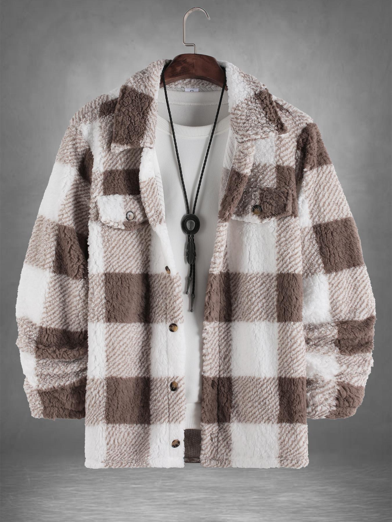 Men's Plaid Print Button Front Fuzzy Lounge Jacket, Casual Long Sleeve Collared Outerwear for Fall & Winter, Men's Sleepwear for Daily Wear, Casual Style Outerwear, Casual Fitted Jacket, Casual Jacket Coat, Casual Fashion Jacket