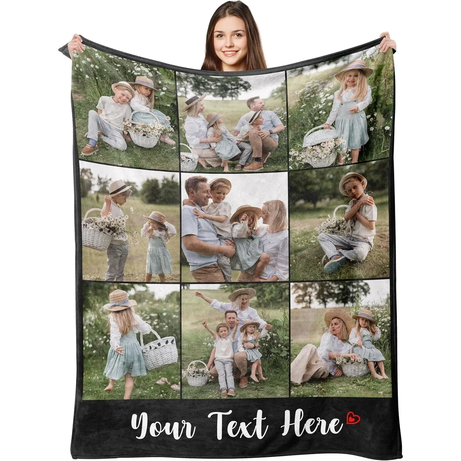 Custom Family Photo Collage Flannel Throw Blanket - Light Grey, 3x3 Layout with Personalized Text Area, Lightweight Weave, Wrinkle & Fading Resistant, Soft Cozy Warm for Outdoor Picnics, Memory Gift, Wrinkle Resistant, Multi-Size