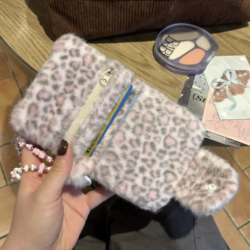 Women's Leopard Print Cute Shape Coin Purse - Pink Korean Fashion Portable Small Card Holder Wallet for Girls