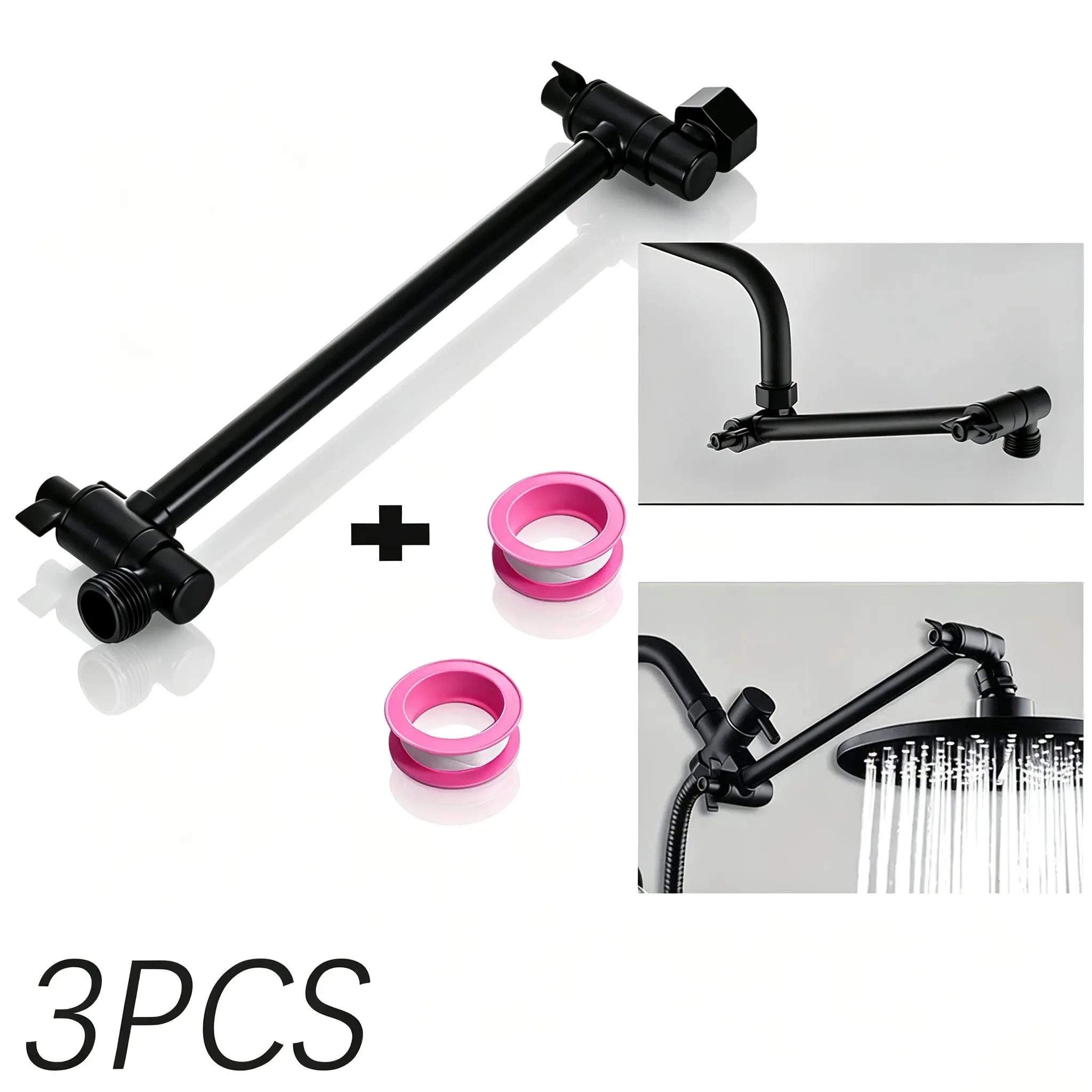 3-Piece Shower Head Extension Kit, Adjustable Universal Shower Arm Extender, Includes Dual Shut-Off Valve and Seal Tape, Bathroom Accessory