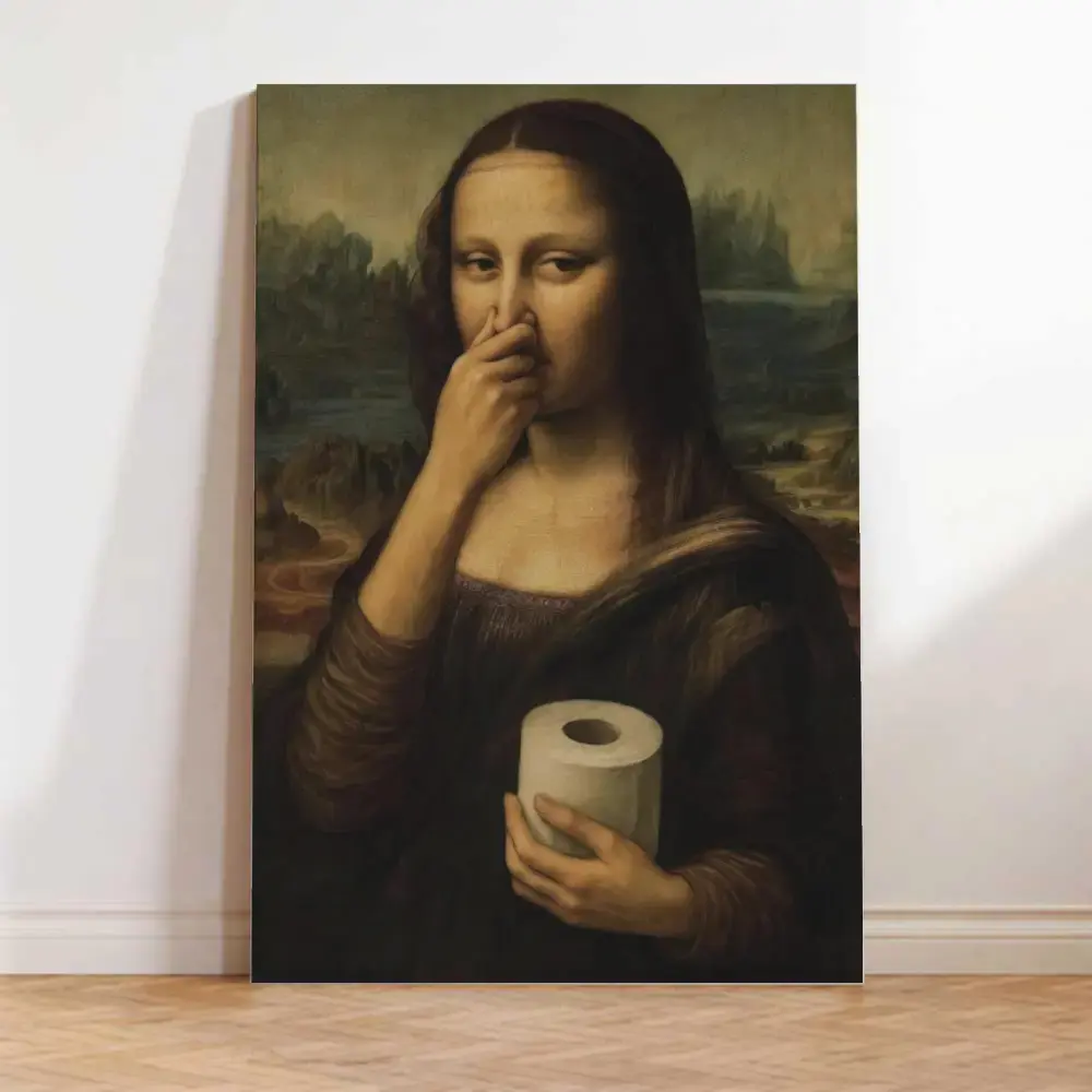 Artistic Funny Mona Lisa Minimalist Bathroom Hanging Painting - Humorous Pinching Nose Wall Art, Brightening Stress Relief Colorfast Print for Toilet Bars Decor