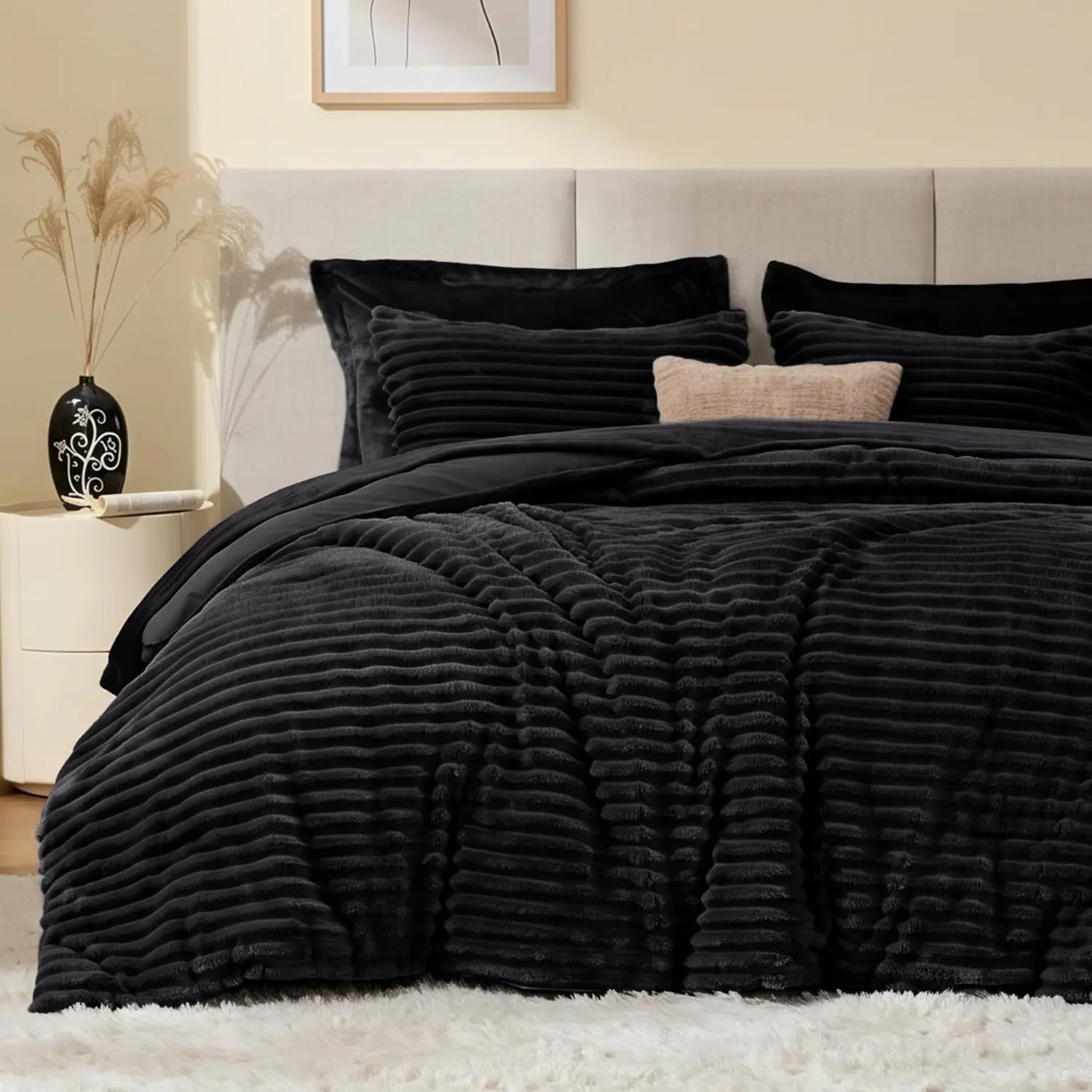Fluffy Comforter Set Twin Size - Super Soft Faux Fur Stripe Jacquard Comforter 2 Pieces, Black Fleece Bedding Set,Winter Warm Bed Set,1 Comforter with 1 Pillowcase