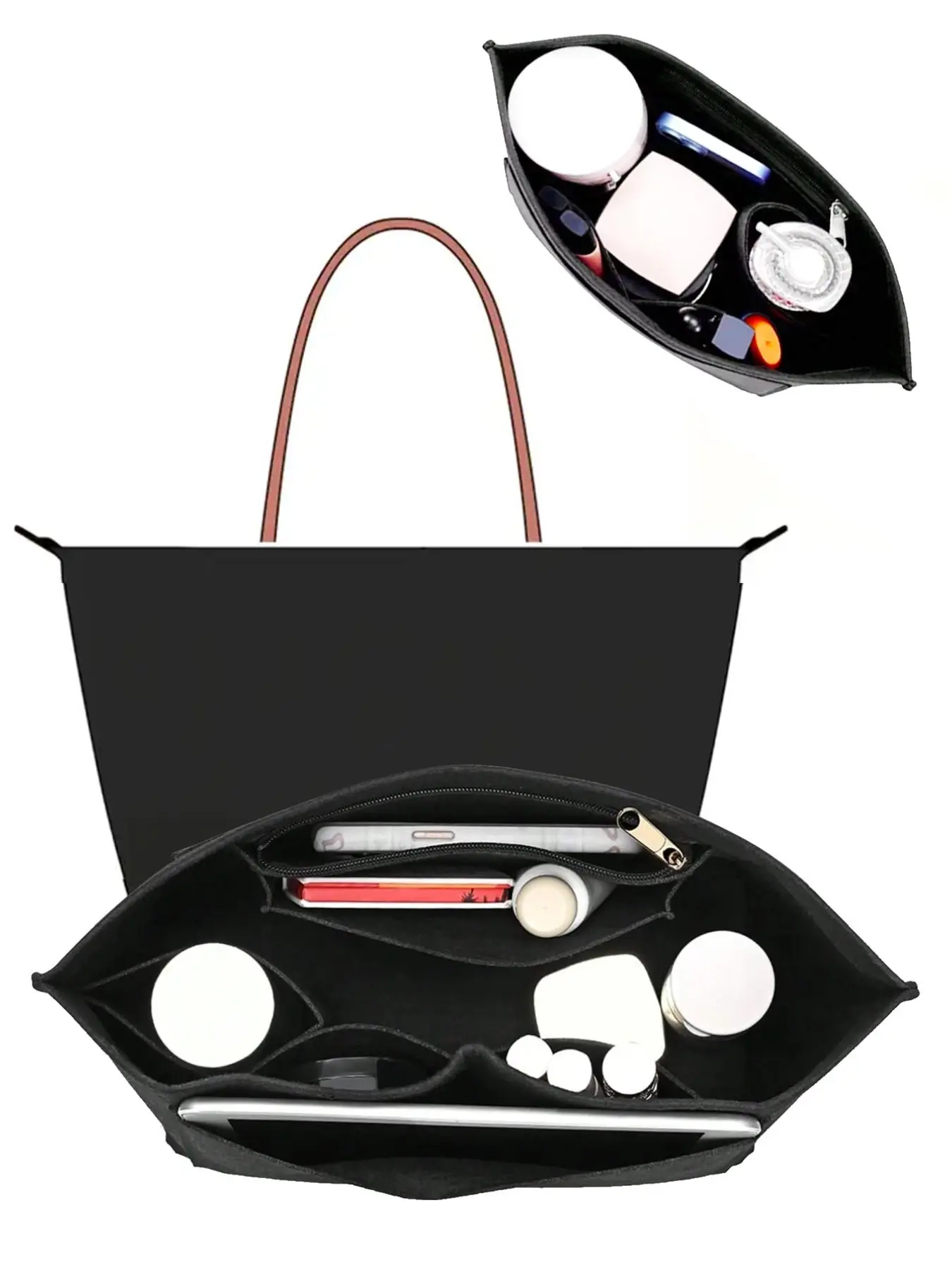 Le Pliage Felt Liner Bag, Multi-Pocket Felt Bag, Travel Portable Liner Bag, With Zipper, Suitable For Storing School Supplies