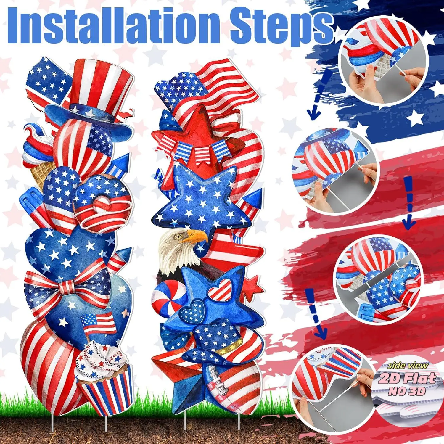 2 Pcs 4th of July Yard Signs Outdoor Patriotic Star Lawn Decoration 250th Anniversary American Waterproof Welcome Party Yard Signs with Stake for Memorial Home Garden Pathway Supplies, Plastic, Set