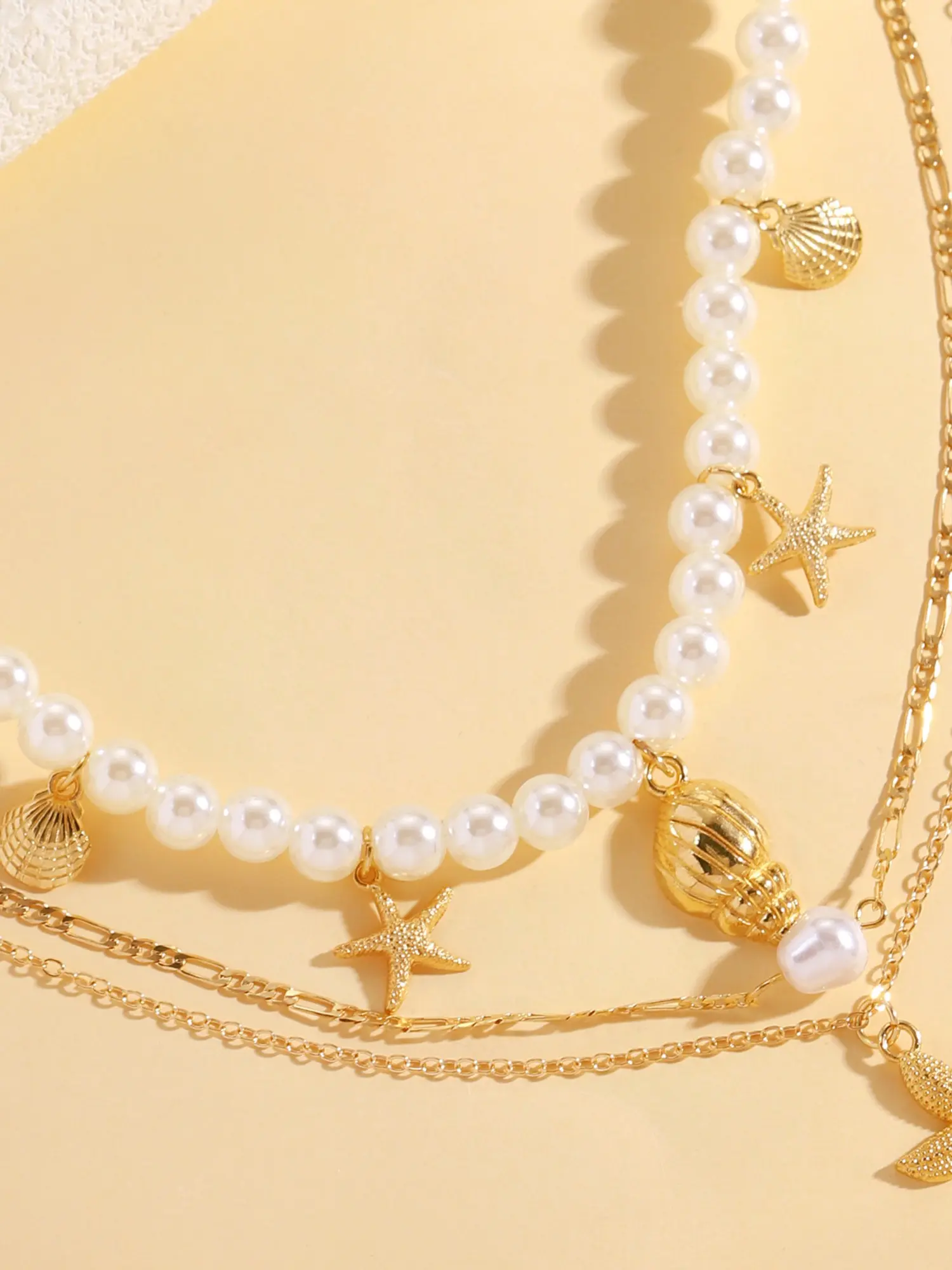 Multi-Layer Pearl Necklace Set, European Style Shell Fish Tail Conch Starfish Pendant, Three-Tier Layered Collarbone Chain for Women