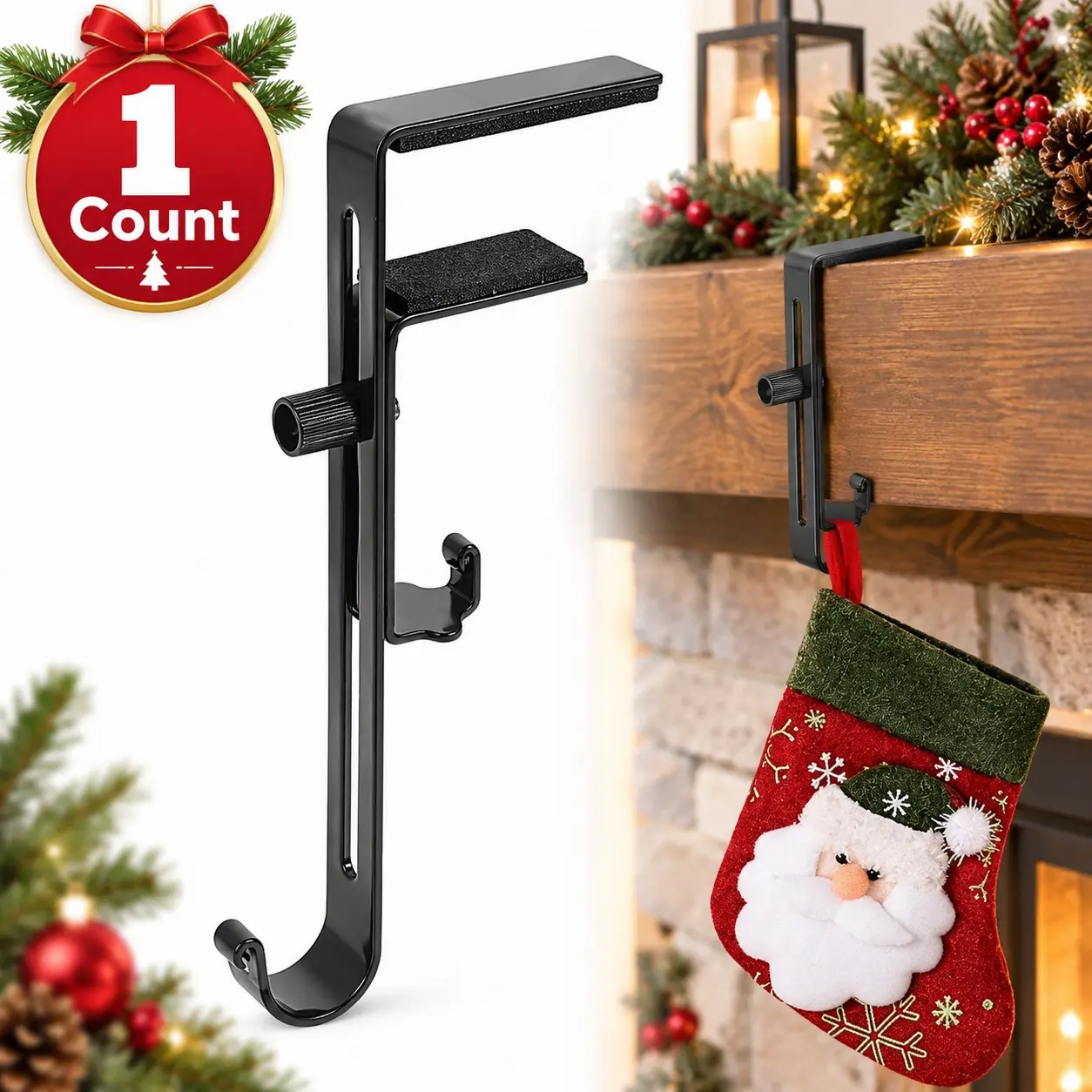 Fireplace Stocking Holders for Christmas Decor, Dual Hook Mantel Hangers, Adjustable Metal Stocking Hooks with Non-Slip Design, No Damage Clip-On Holder for Wreaths, Stockings and Holiday Decorations
