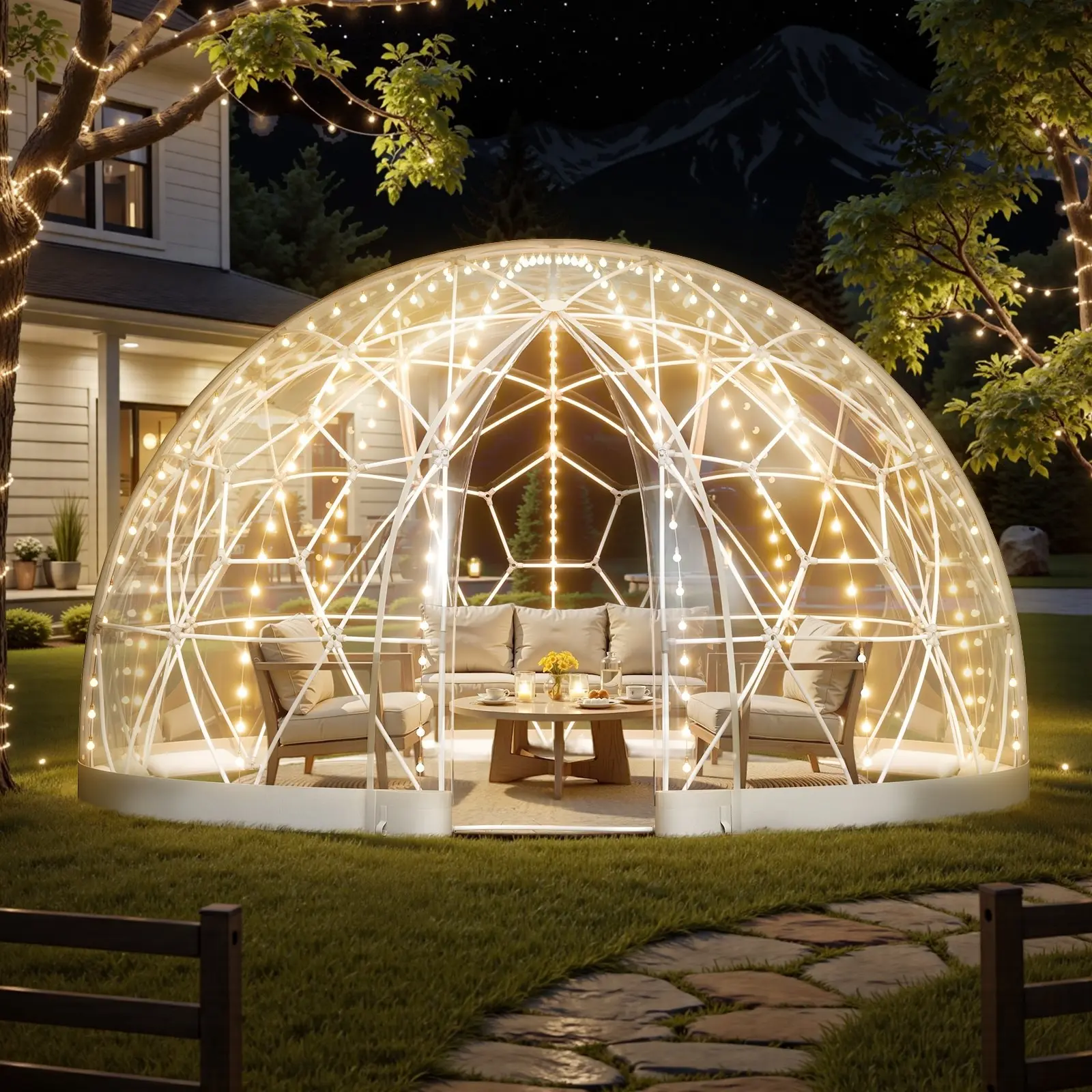 12 x 7.2 ft Garden Bubble Tent For 4-7 People, Outdoor Clear Geodesic Dome With Weatherproof And UV-Resistant Panels, 360-Degree Panoramic View, Easy Setup, Transparent Backyard Camping Shelter For Stargazing, Parties
