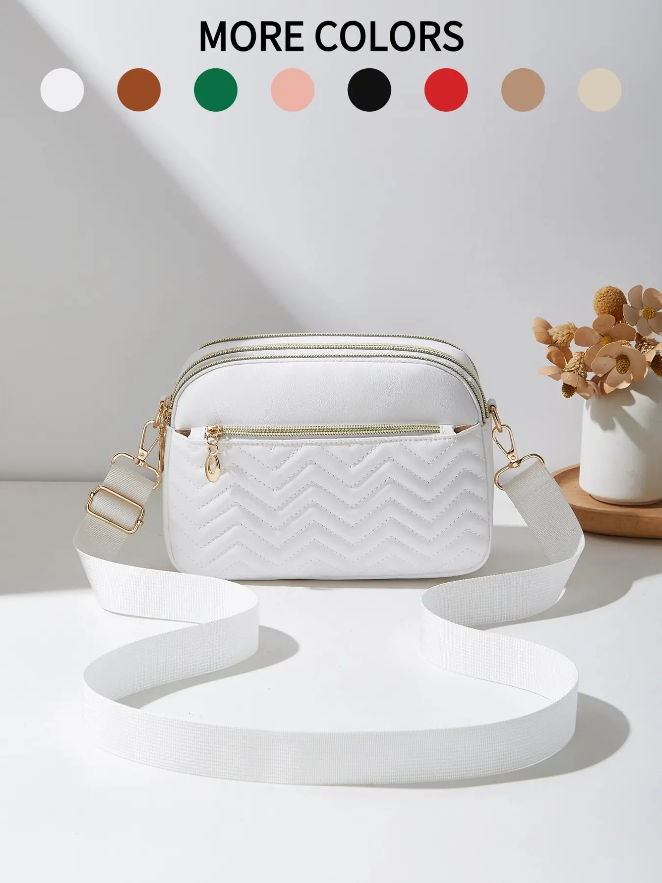 Women's Daily Wave Stitch Crossbody Shoulder Bag, Multiple Zip Pockets, Adjustable Strap, Casual PU Material, All Seasons, Fashion Crossbody Bag