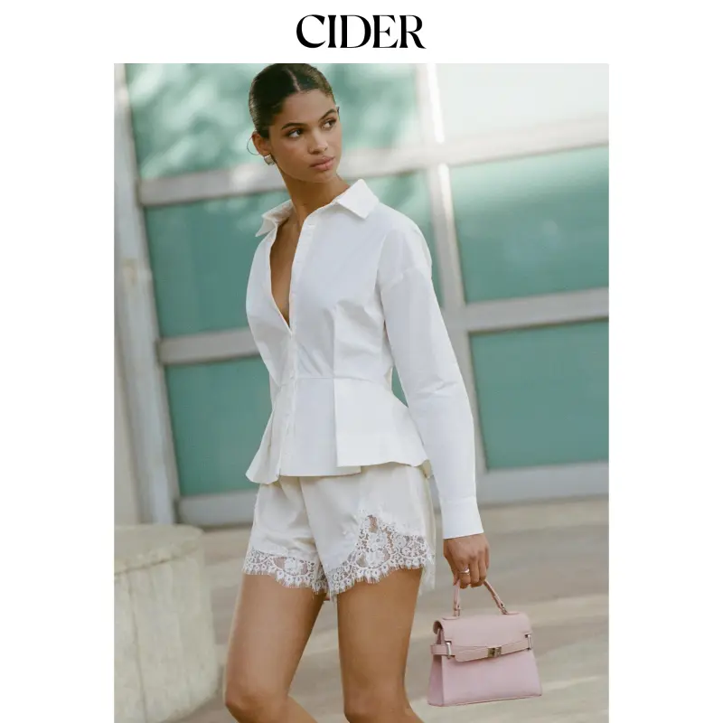 Cider Satin Mid Rise Solid Elastic Waist Floral Lace Shorts