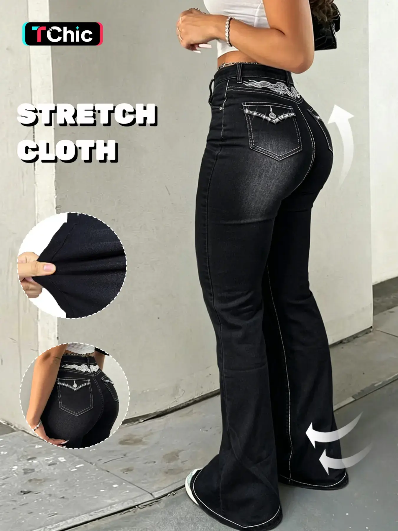 GILIPUR Women's Black Washed Mid Waist Butt Lifting Flare Jeans, High Stretch Rhinestone Wing Embroidery Back Pockets Bootcut Denim Pants, Y2K Vintage Streetwear Date Night Party Outfits for Women TChic