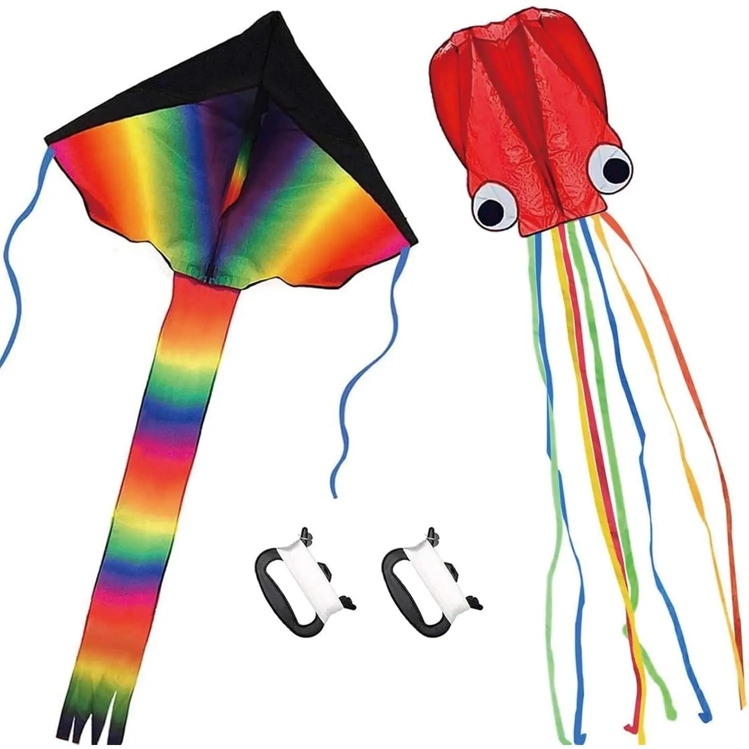 Outdoor activities2 Pack Easy to Fly Kites - Large Rainbow Delta Kite & Red Octopus Kites with Long Colorful Tails, Includes 2 Kite String Reels for Adults Beach Park Outdoor Game Activities Fun