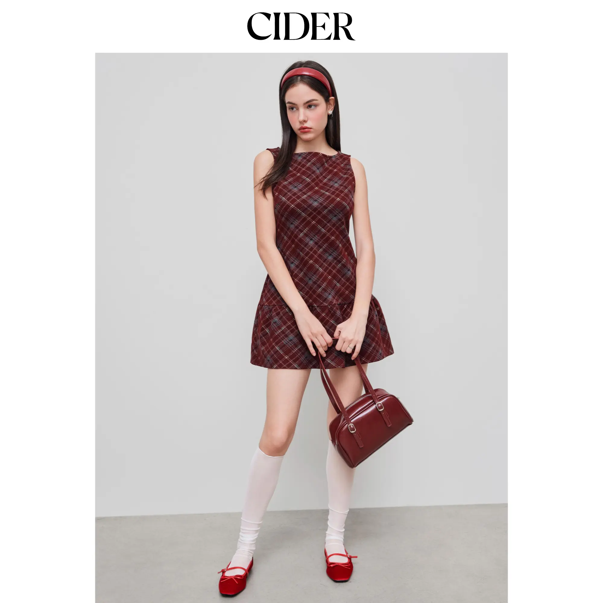 Cider Wool-look Boat Neck Plaid Ruffle Hem Mini Dress SohoChic