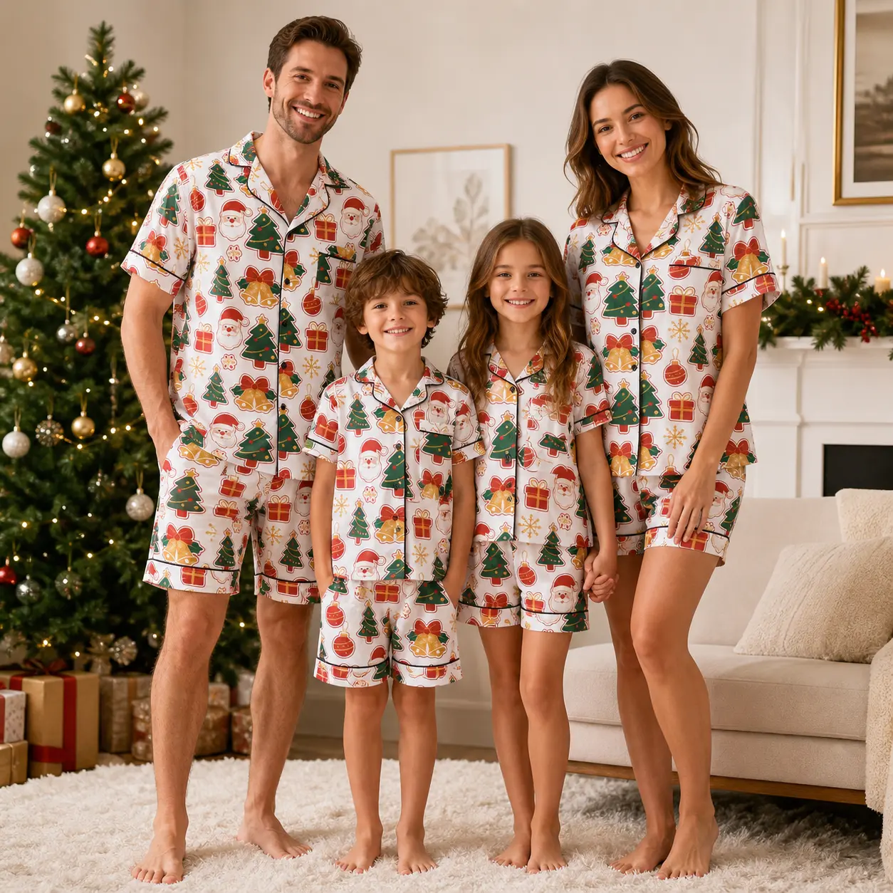 Family Matching Christmas Pajamas Set, Short Sleeve Button Down Santa Claus Tree Print PJs, Holiday Sleepwear Loungewear for Men Women Kids Boys Girls