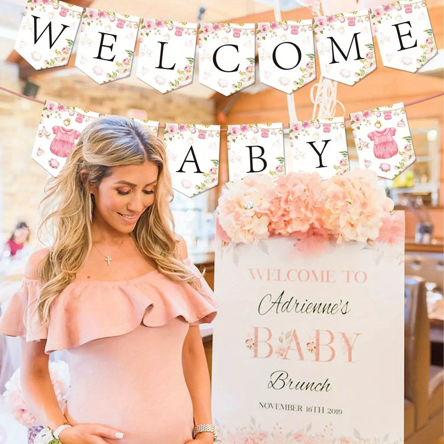 16Pcs Pink Welcome Baby Banner for Girls Baby Clothes Themed Baby Shower Banner garland Sign for Baby Shower Gender Reveal Birthday Party Photo Booth Props