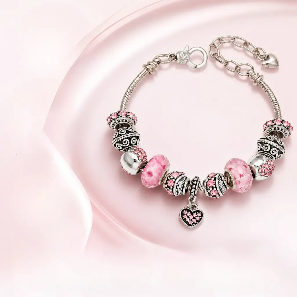 Women's Pink Heart Charm Bracelet - Aesthetic Korean Style Zinc Alloy Beaded Snake Chain with Sparkling Cubic Zirconia, Adjustable Length, Lightweight 15G, for Daily Casual Wear, Costume Jewelry Bracelet & Bangle by Sohochic