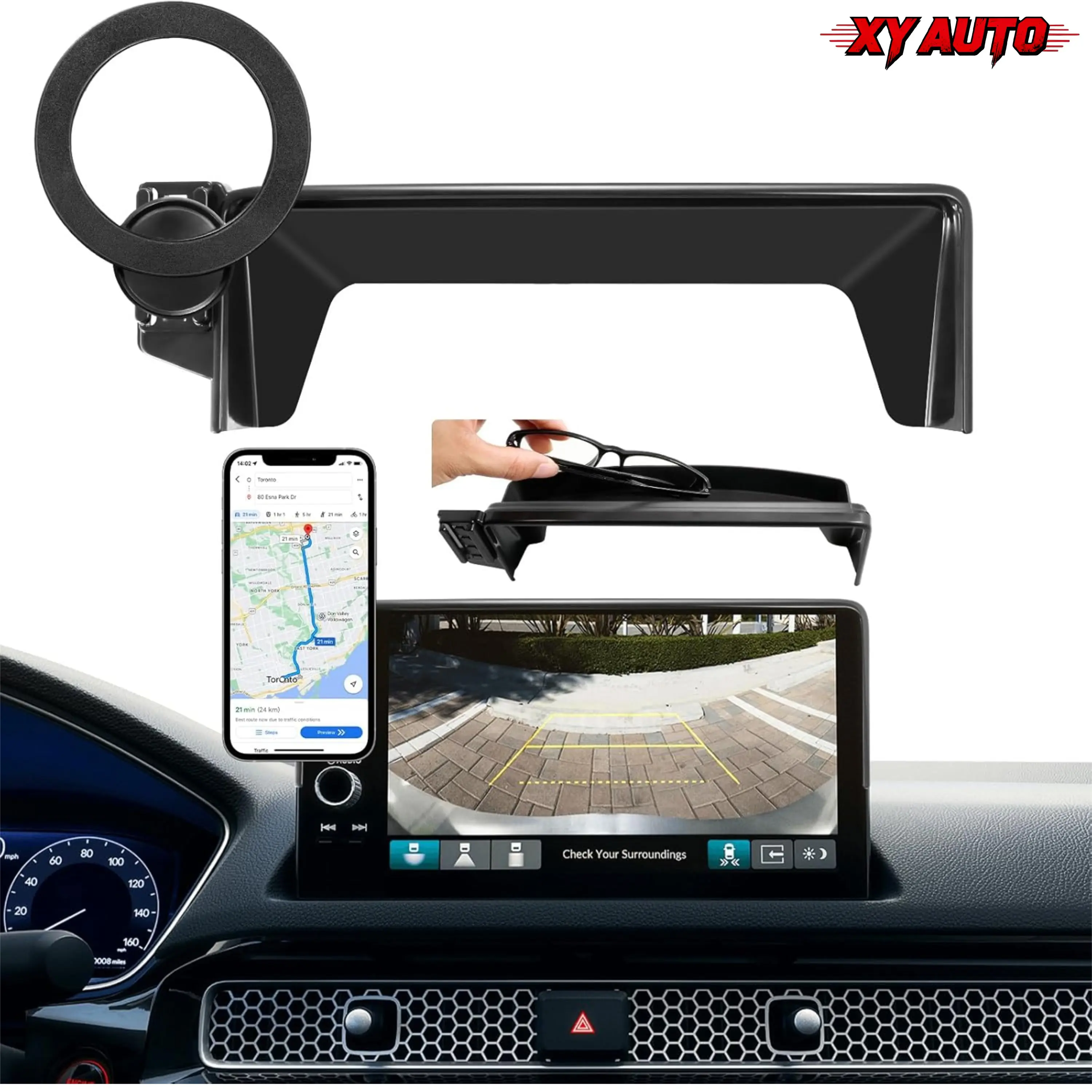 Fit for 11th Gen Honda Civic 2022-2026 & Acura Integra 2022+, 360° Car Screen MagSafe Magnetic Phone Holder & Sunglasses Storage Box, Auto Accessories for Civic Hatchback Sedan, Not Block Air Vent