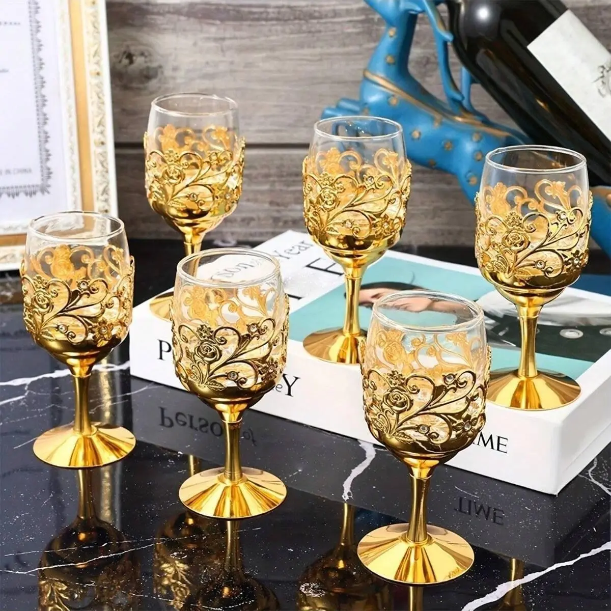 6-Piece Ramadan Eid Mubarak Elegant Tall Wine Glasses, Vintage European Style, Reusable, Hand Wash, Floral Pattern, Perfect for Parties and Weddings