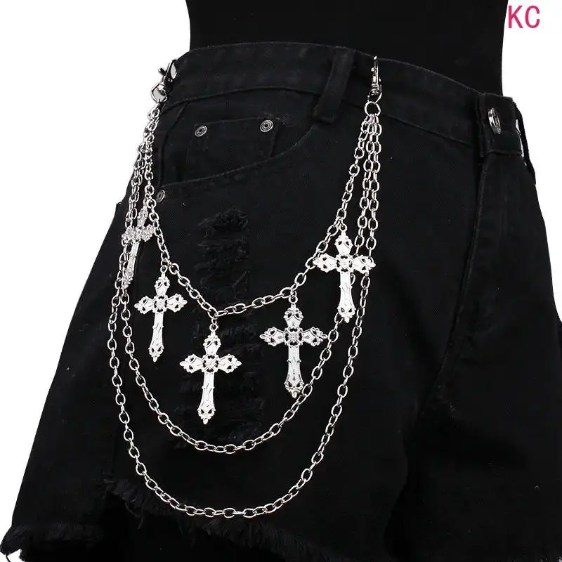 Layered Cross Charm Pants Wallet Chain, Punk Hip Hop Rock Style Clothing Accessory For Men And Women Daily Outfit Matching