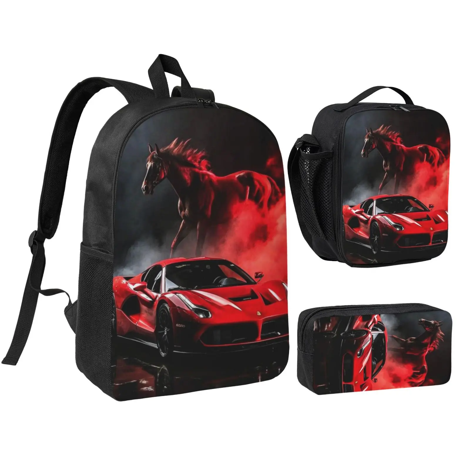 Anime Ferrari1 backpack with lunch bag pencil box for Teen Girls Boys, 3pcs kids school bag with adjustable straps, office travel bag Bookbag lunchbox