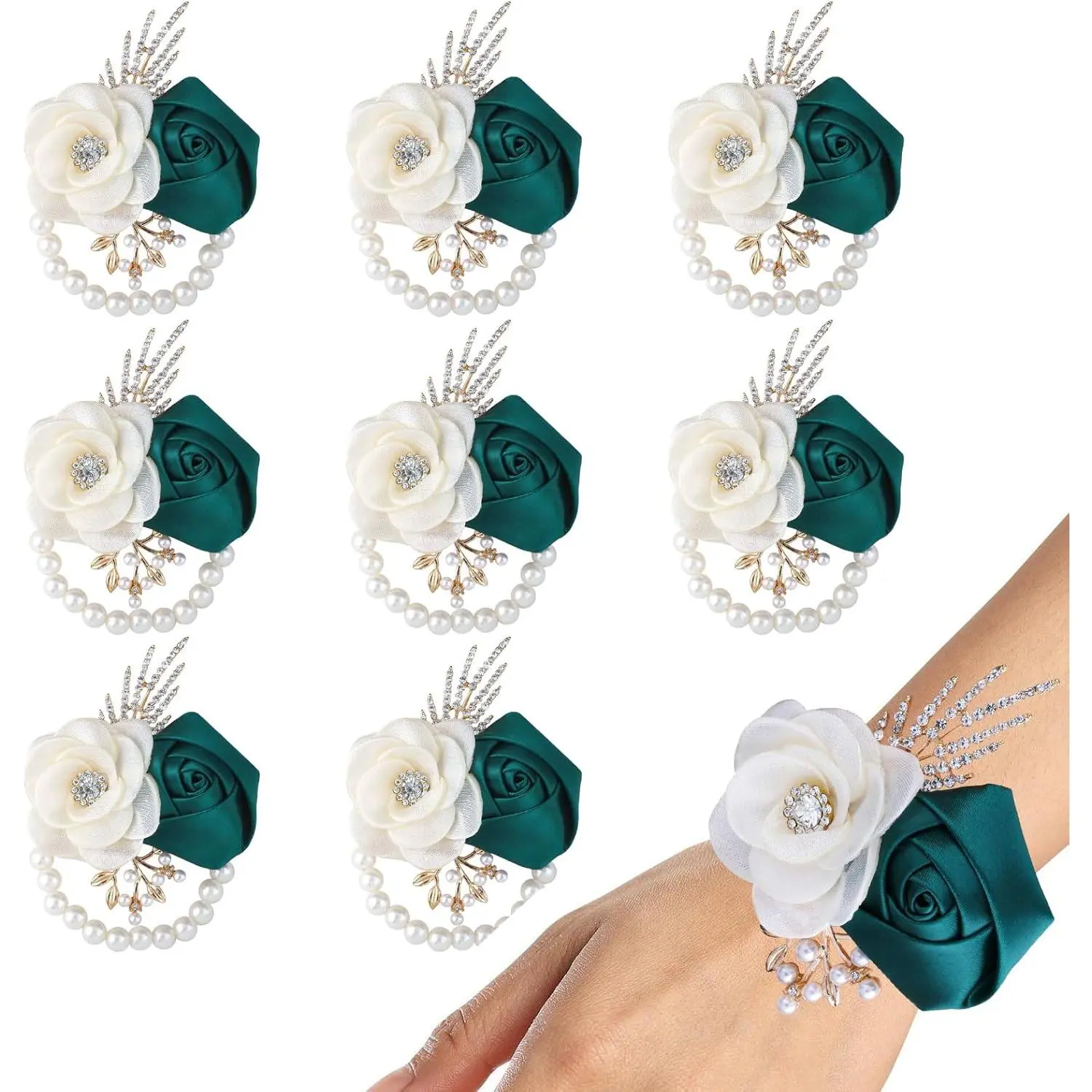 8Pcs Rose Wrist Corsage Decor Set,Pearl Rhinestone Floral Bracelets for Bride, Bridesmaids, Prom Wedding Party Accessories (Green)