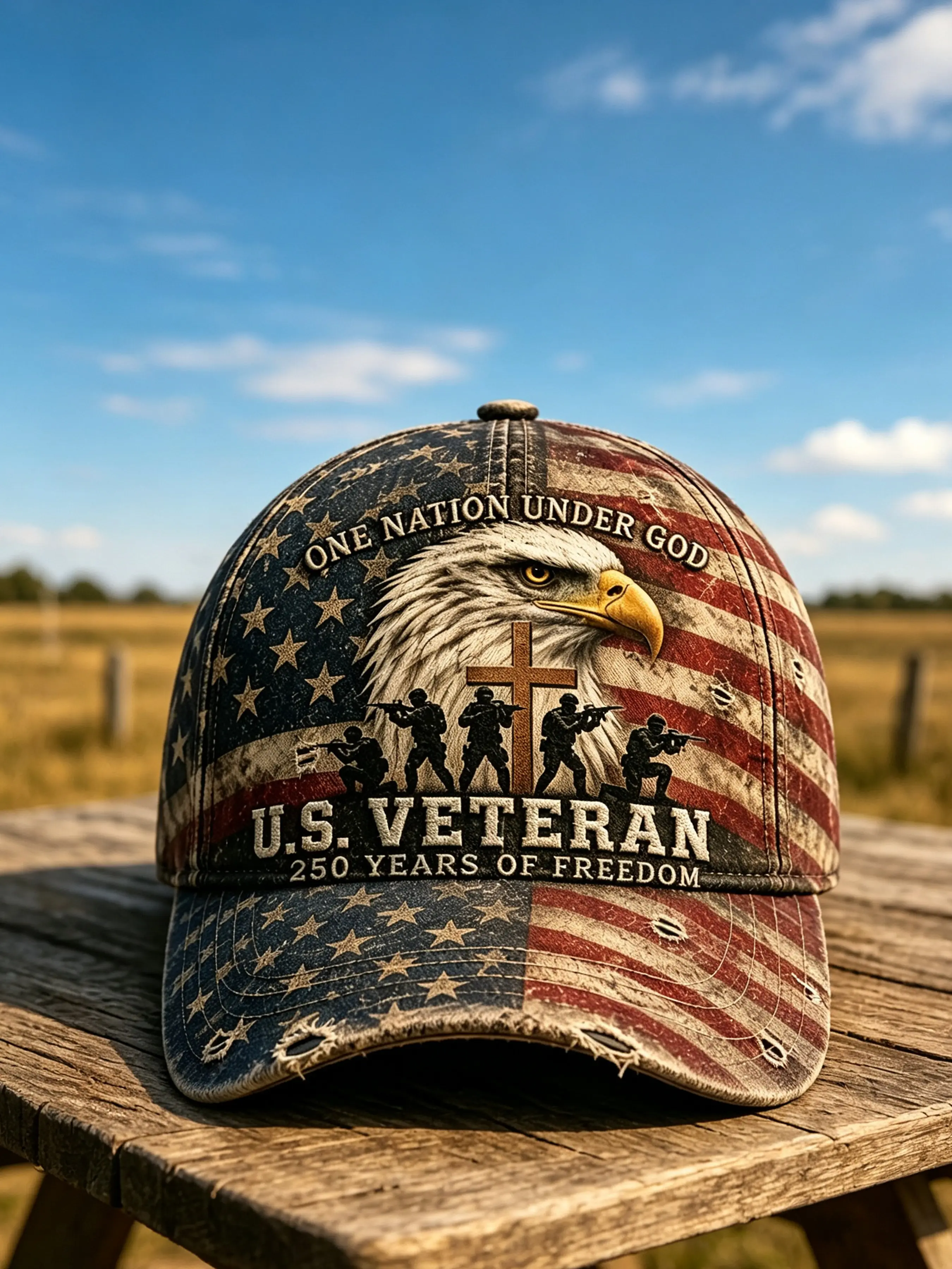 Vintage Worn-Out Half Star Flag Veteran Baseball Hat, Print, Adjustable Breathable Cap, Patriotic Military Religious Accessory