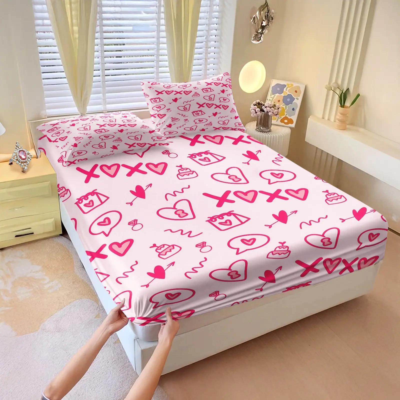 3-Piece Set Of Xoxo Love Pattern Bed Sheets, Including 1 Bed Sheet And 2 Pillowcases (Excluding Pillow Core), Comfortable Bedding, Non Slip Suitable For Bedrooms, Suitable For Children And Teenagers As Gifts And Decorations
