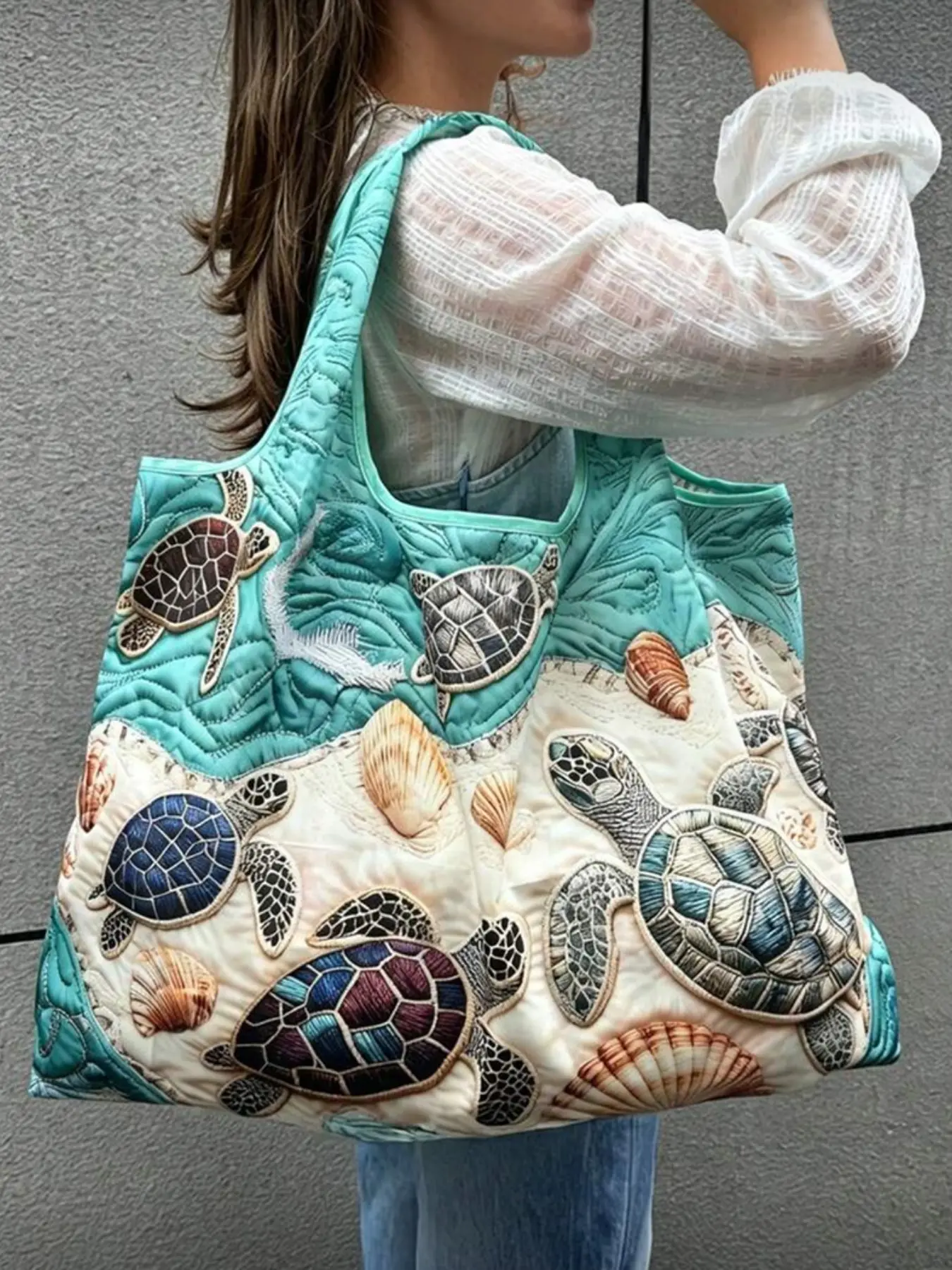 2D Turtle Starfish Beach Aesthetic Tote Bag Large Capacity Foldable Shopping Bag for Women Summer Picnic Travel Office Storage