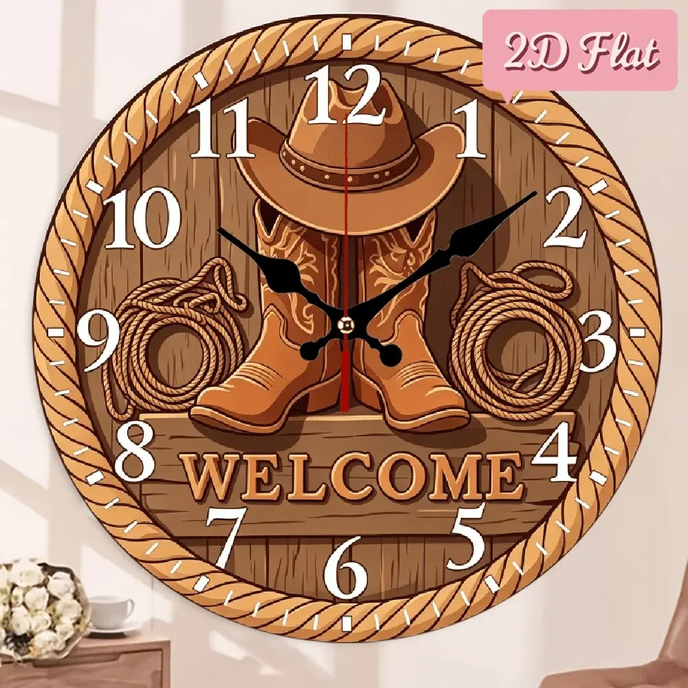 2D Flat Nursery Wall Clock 10 Inch, Rustic Western Cowboy Design with Hat Boots Lasso Ropes Welcome Farmhouse Decorative Art Home Decor Modern Silent Non Ticking Round Hanging Clock for Living Room Bedroom Kitchen