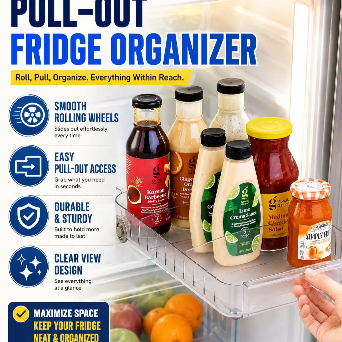 Refrigerator Pull-Out Storage Rack, Space-Saving Organizer for Fridge, Easy Access Drawer Shelf, Kitchen Essentials Holder