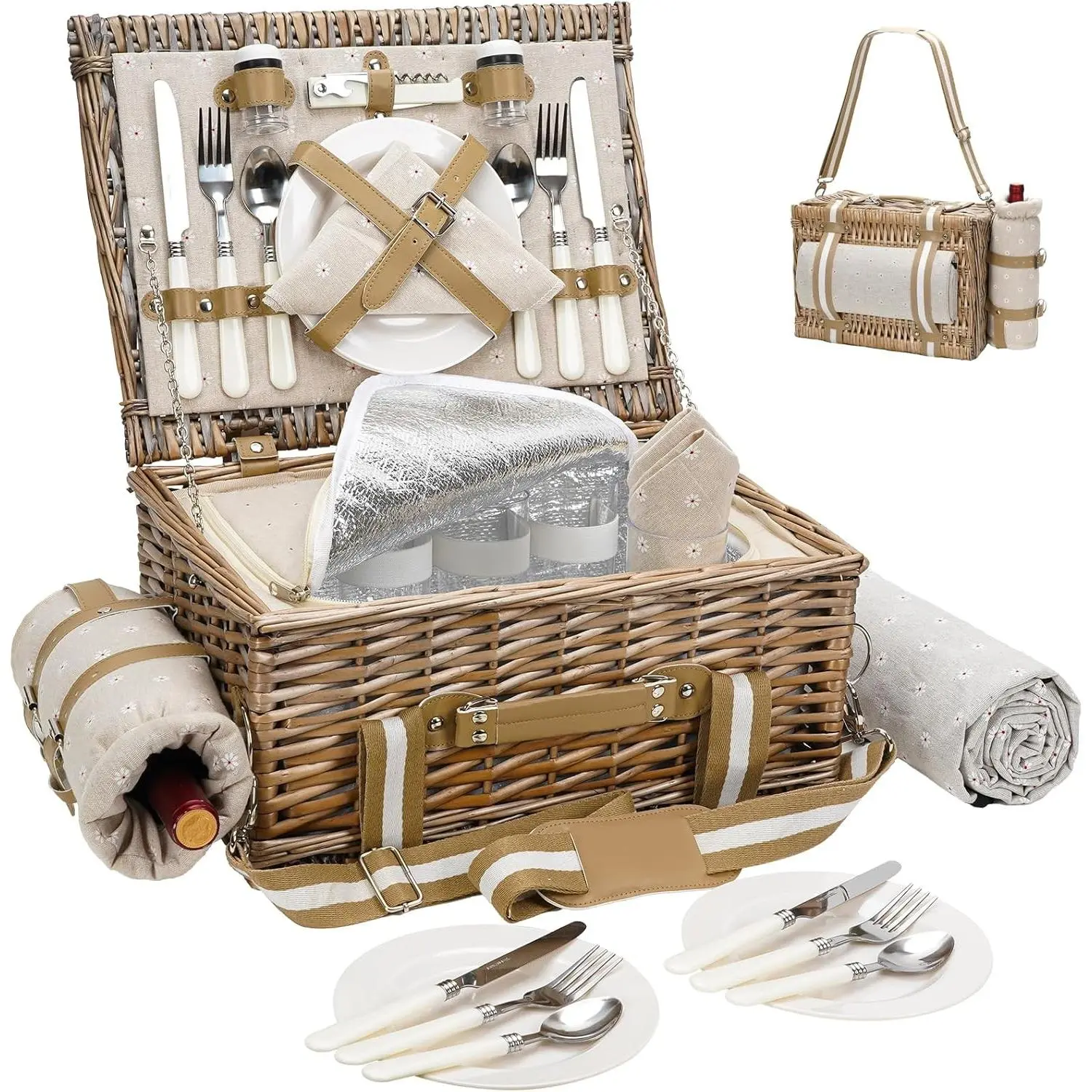 31Pcs Picnic Basket for 4 - Wicker Picnic Set with Waterproof Blanket & Wine Bag| Large Picnic Hamper with Insulated Cooler & Cutlery Kit for Couples Camping,White Flower,16x12x7.5inch