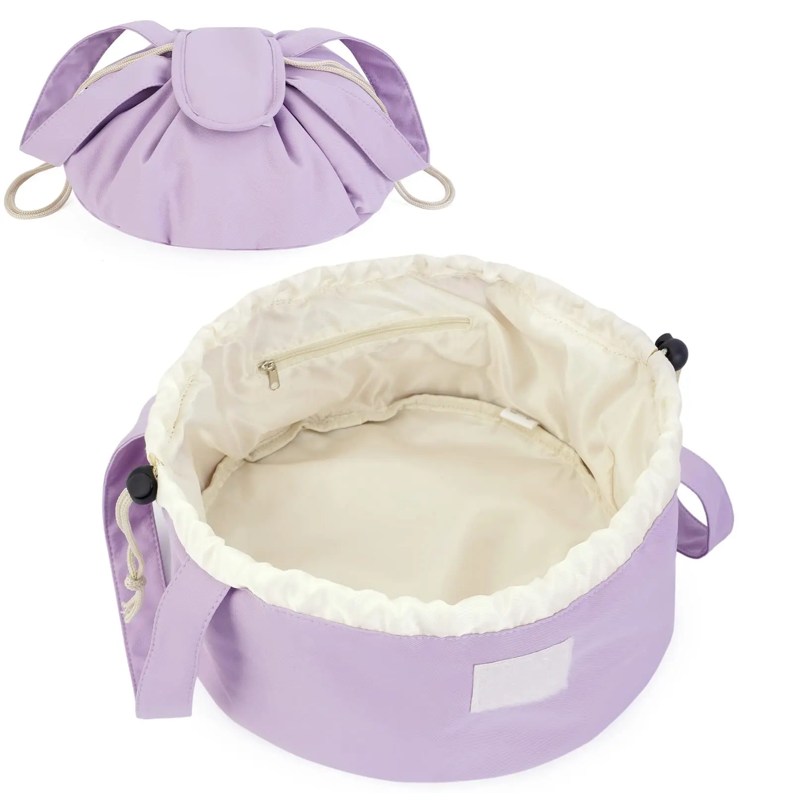 High-Capacity Makeup Bag for Women, Minimalist Barrel Style Drawstring Organizer with Wide Opening, Hangable for Travel, Great Gift