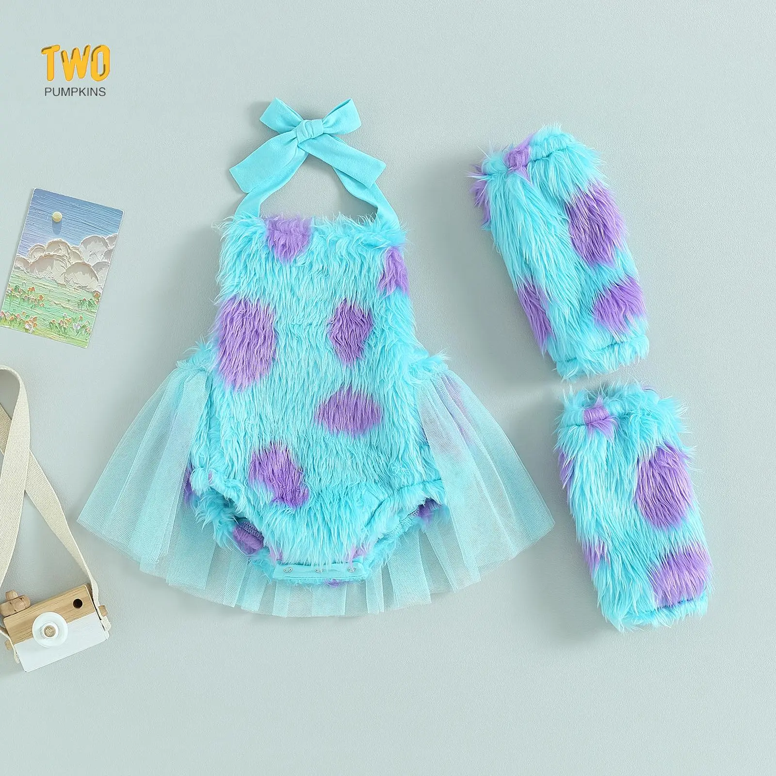 Baby Girl Halloween Outfit Sleeveless Halterneck Furry Ghost Romper Dress With Leg Warmer Halloween Clothes
